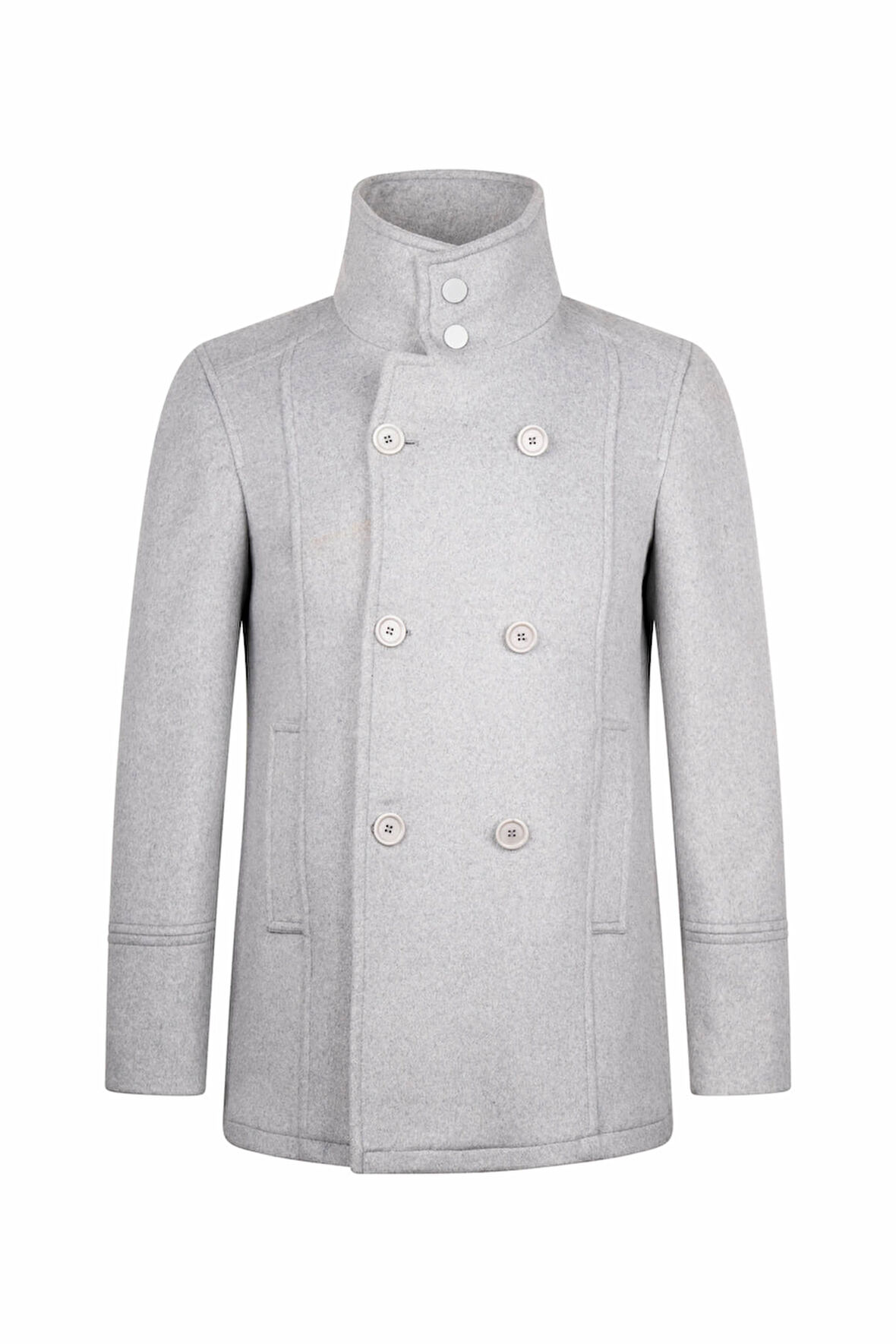 Gri Slim Fit Kruvaze Yünlü Kaşe Kaban | M