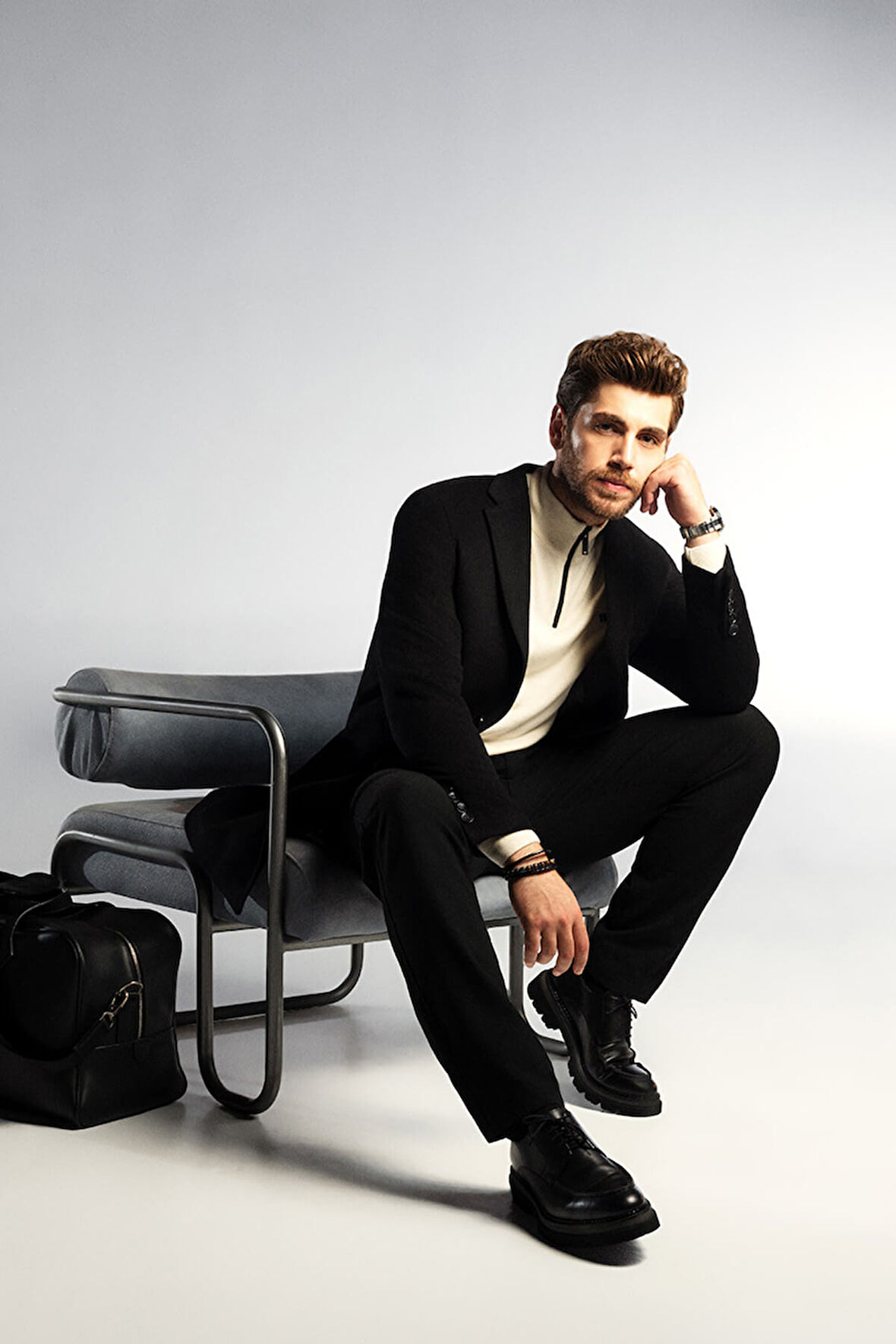 Siyah Slim Fit Ceket Yaka Yünlü Kaşe Palto | 3XL