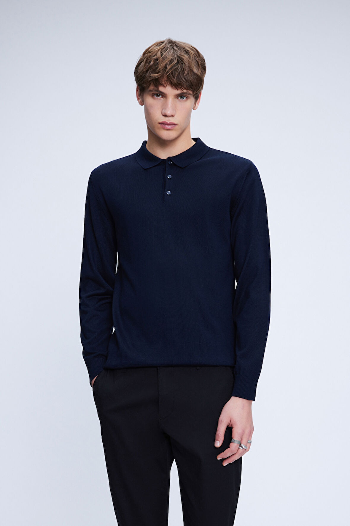 Lacivert Regular Fit Düz Polo Yaka Yünlü Triko Kazak | XS