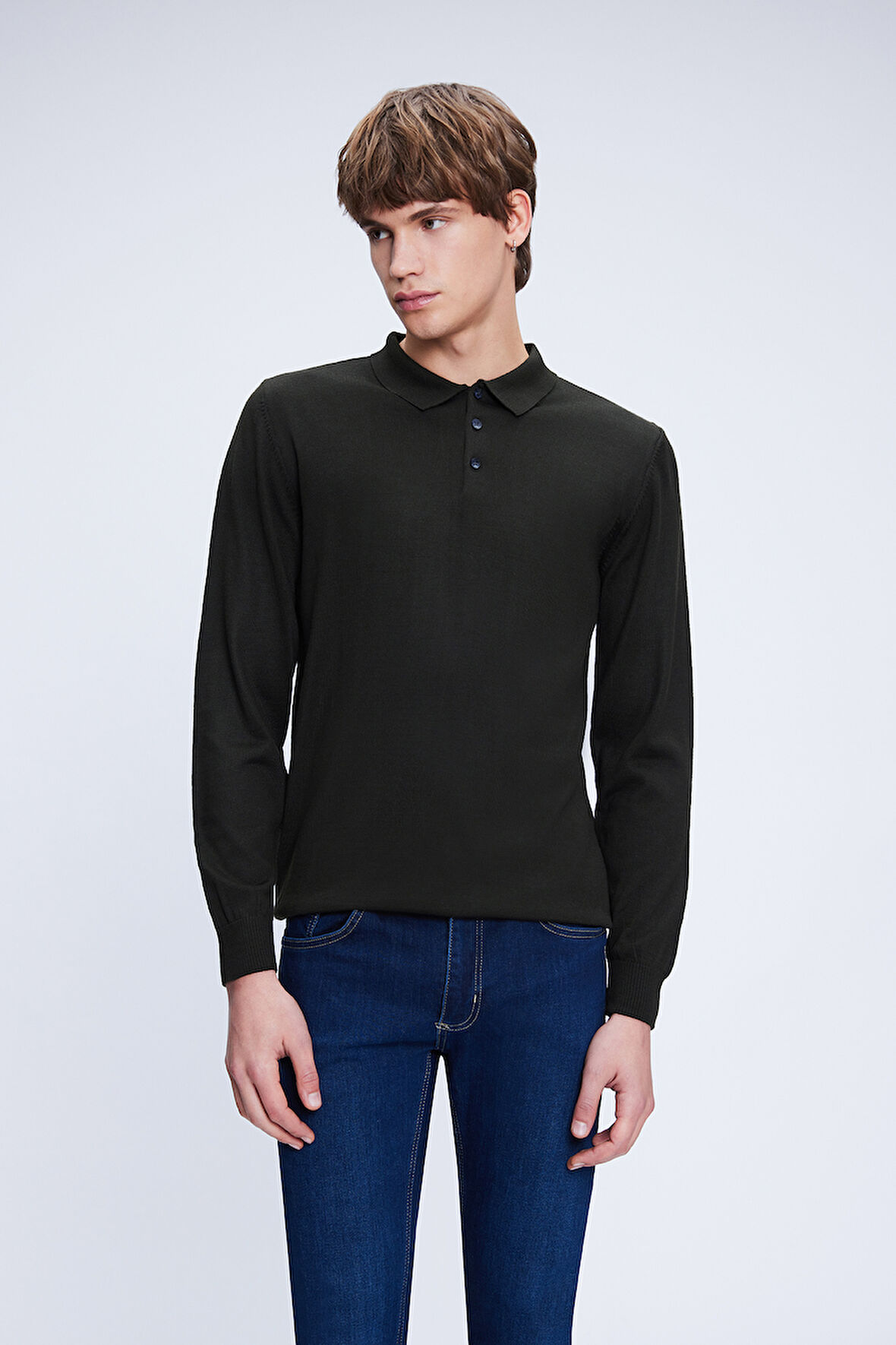 Haki Regular Fit Düz Polo Yaka Yünlü Triko Kazak | L