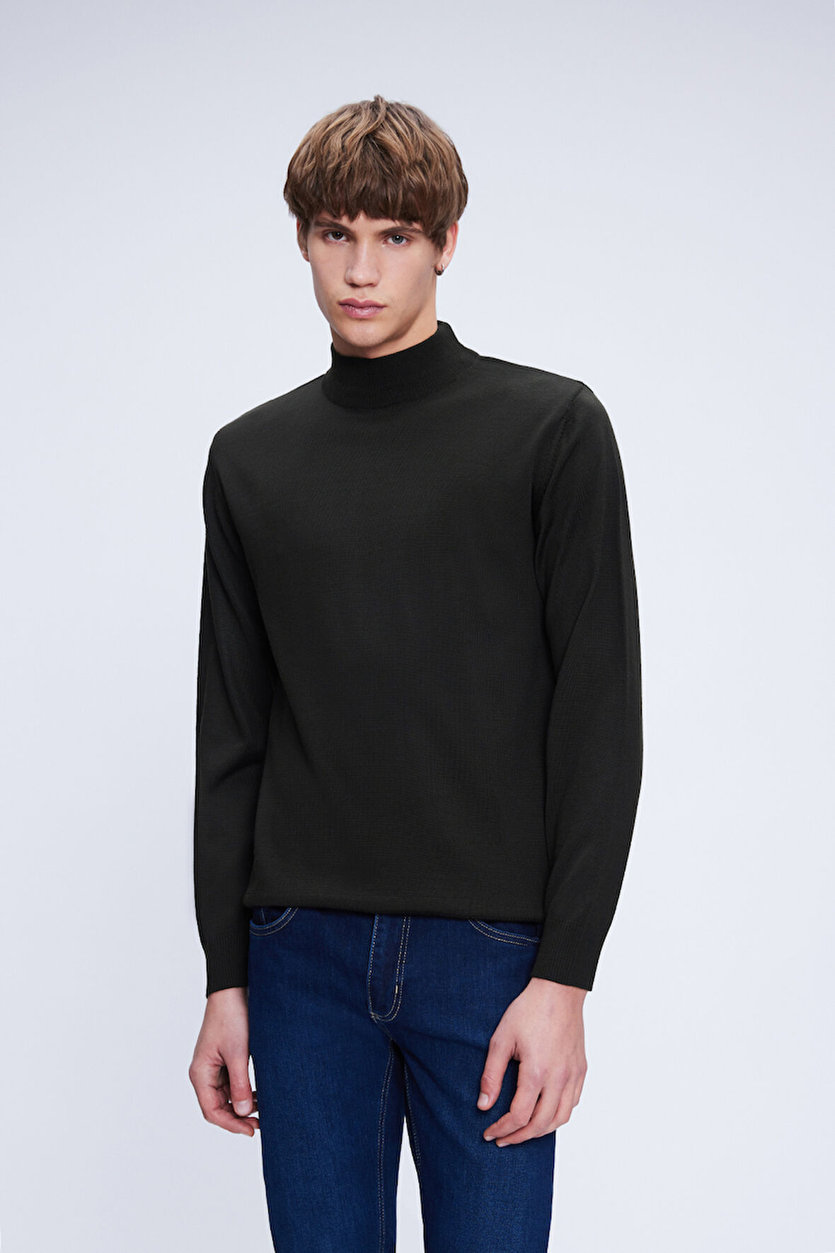 Haki Regular Fit Düz Yarım Balıkçı Yaka Yünlü Triko Kazak | XL