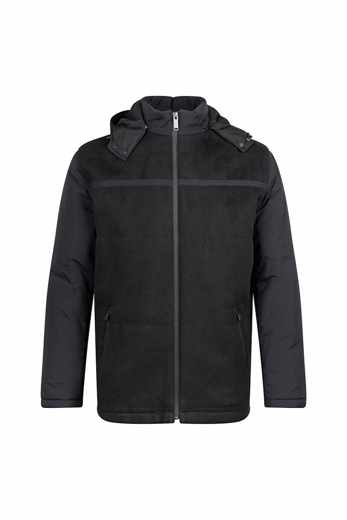 Siyah Regular Fit Hakim Yaka Yünlü Kapüşonlu Şişme Mont | XL