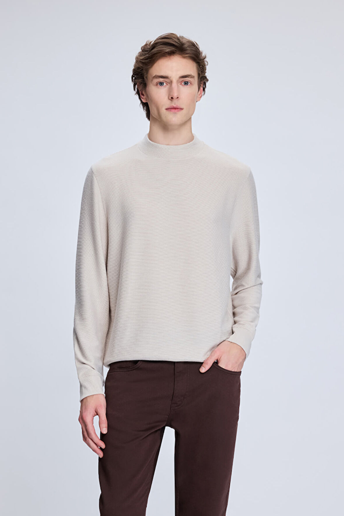 Taş Regular Fit Jakarlı Yarım Balıkçı Yaka Sweatshirt | M