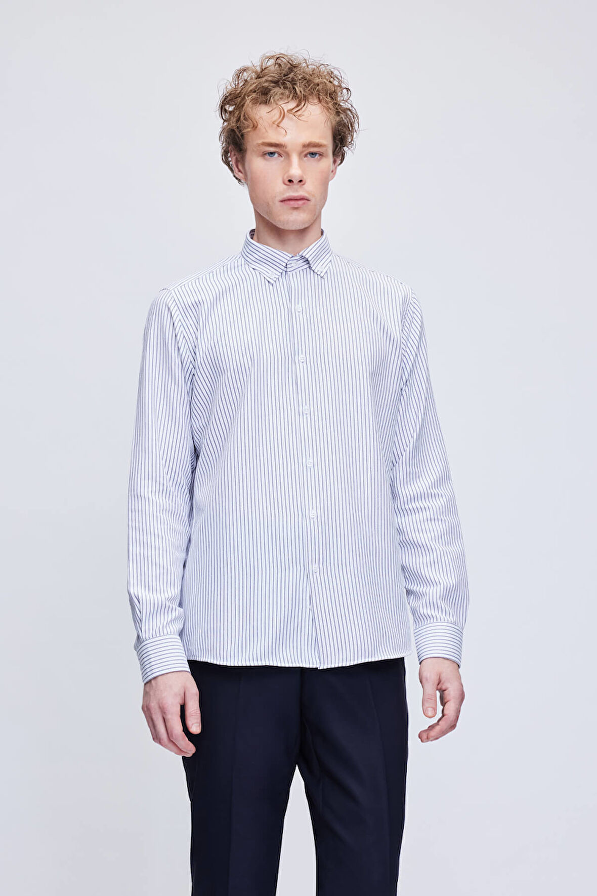 Siyah Comfort Fit Çizgili Pamuklu Düğmeli Yaka Uzun Kollu Casual Gömlek | XL