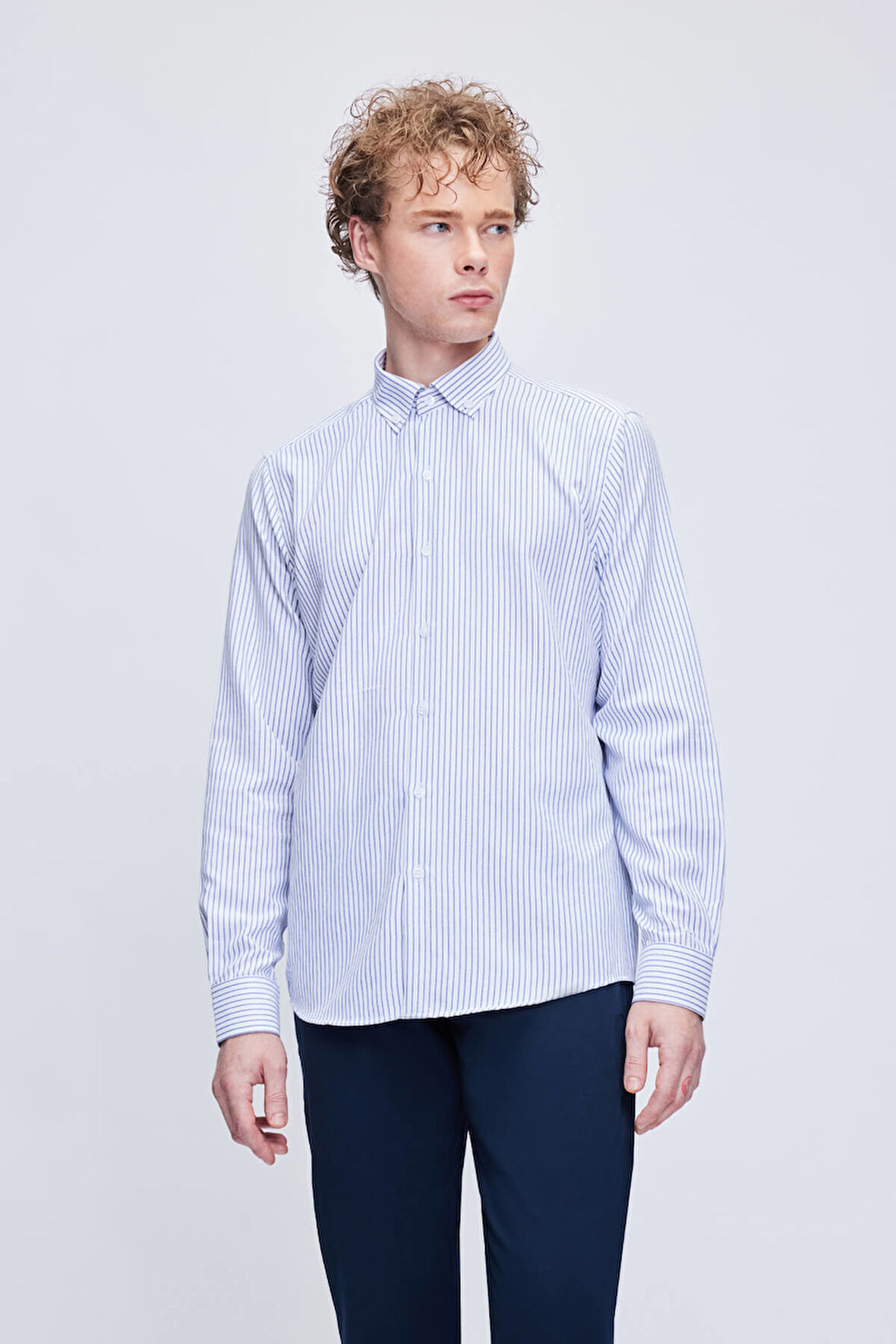 Mavi Comfort Fit Çizgili Pamuklu Düğmeli Yaka Uzun Kollu Casual Gömlek | M