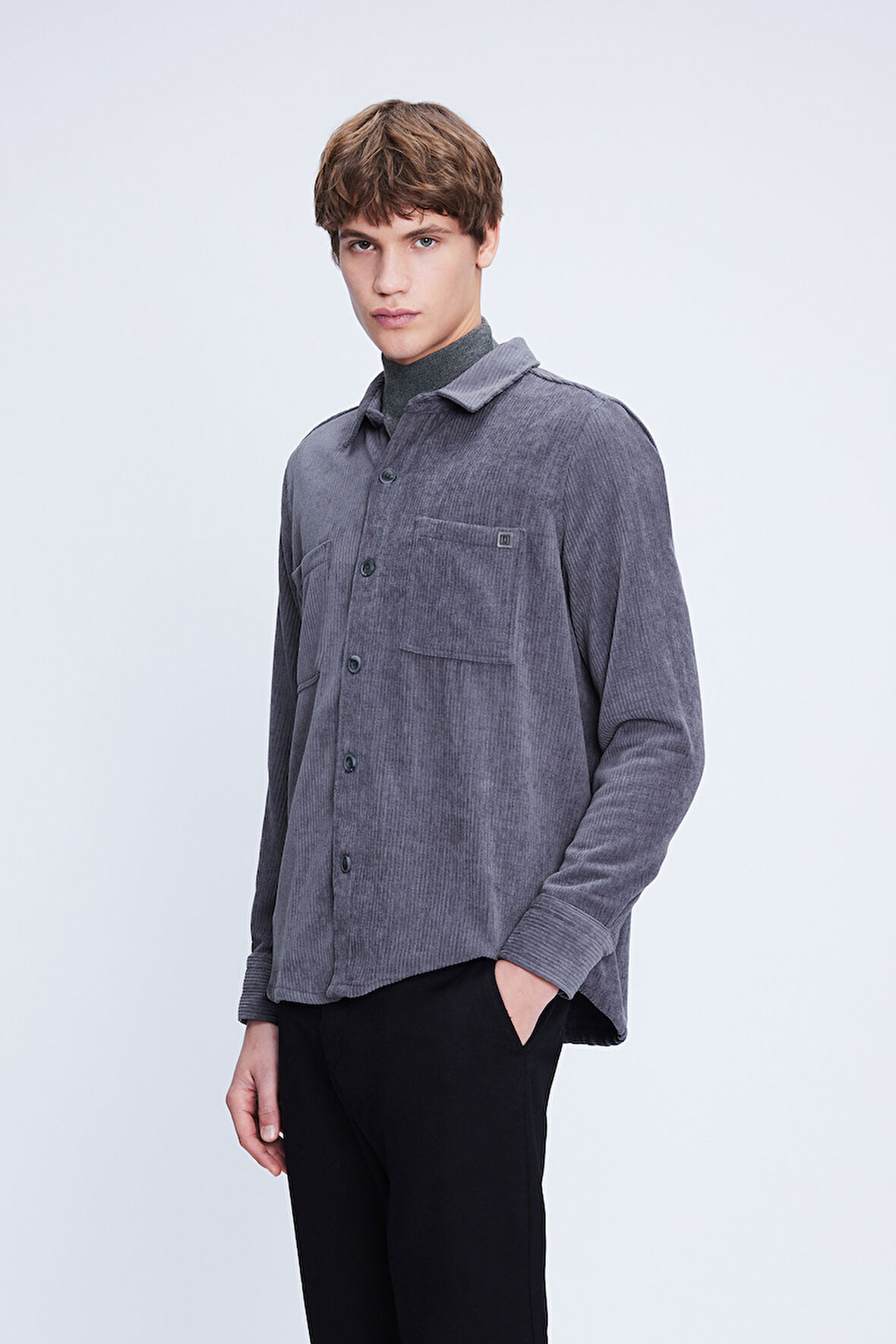 Gri Shacket Comfort Fit Uzun Kol Fitilli Kadife Gömlek | L
