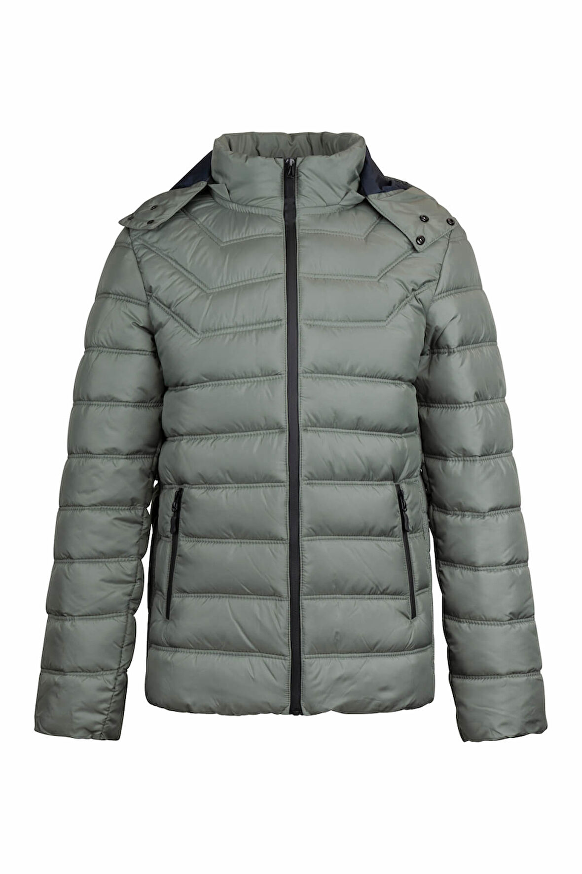 Haki Slim Fit Hakim Yaka Kapüşonlu Şişme Mont | M