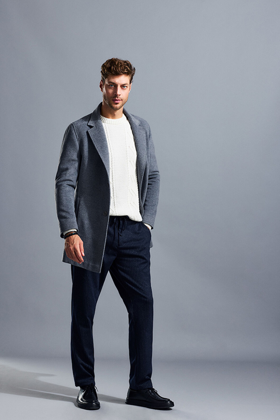 Gri Slim Fit Ceket Yaka Yünlü Kaşe Palto | S