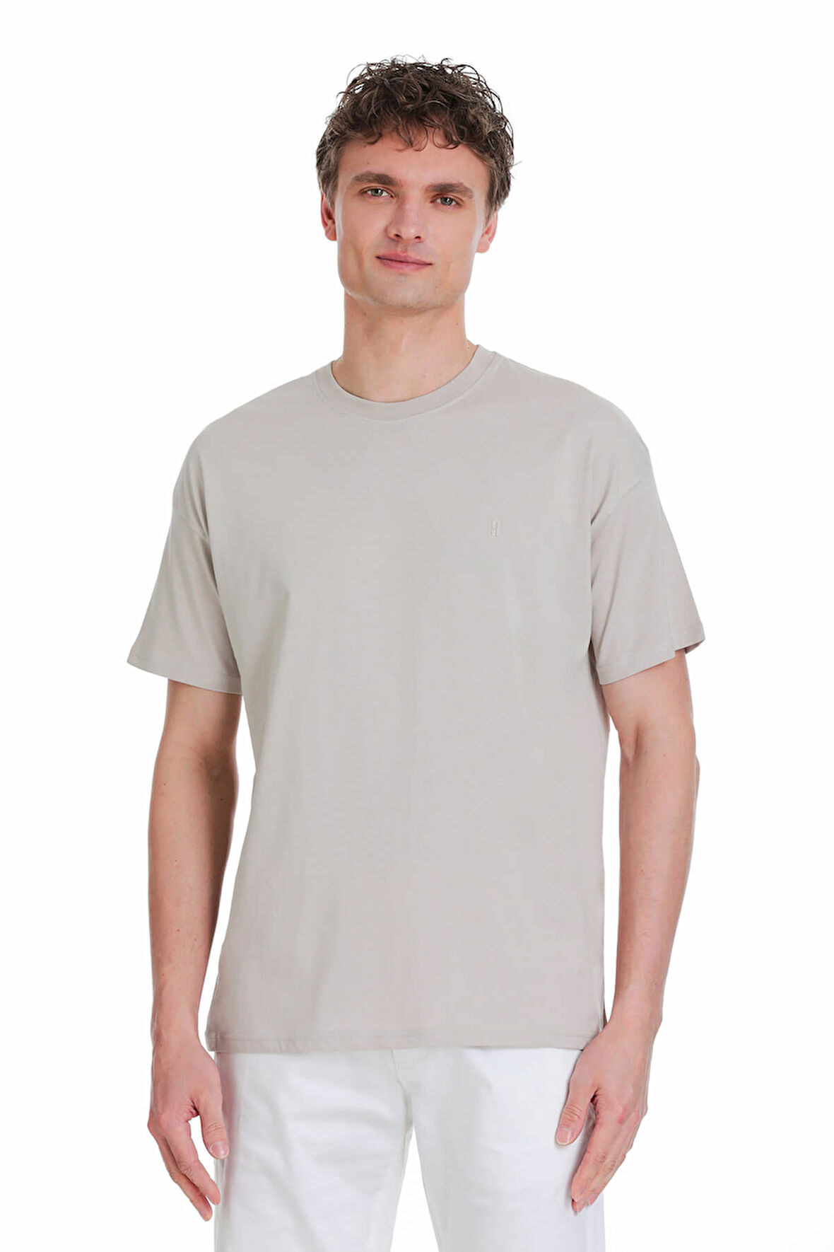 Ekru Regular Fit 100% Pamuk Bisiklet Yaka Oversize Tişört | L