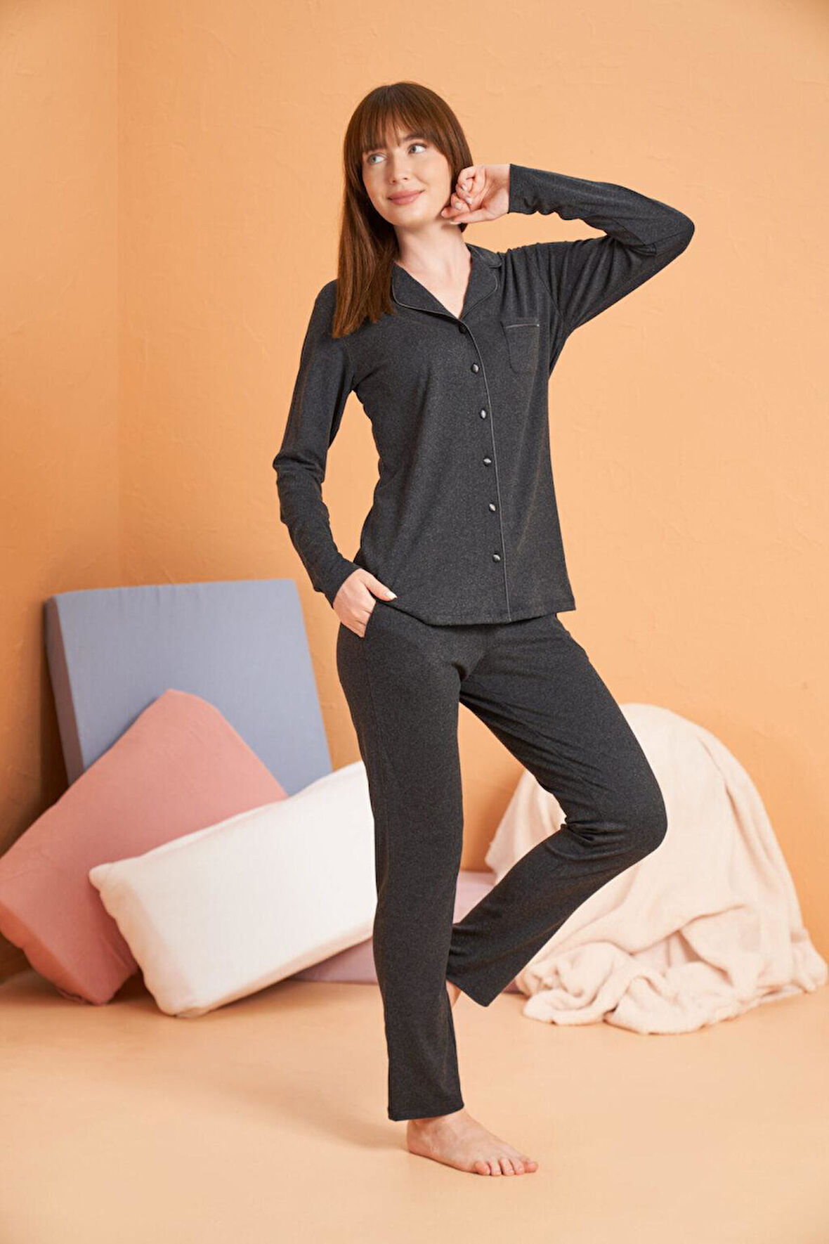 PJS Kadın Antrasit Uzun Kollu Pijama Takımı 28090 