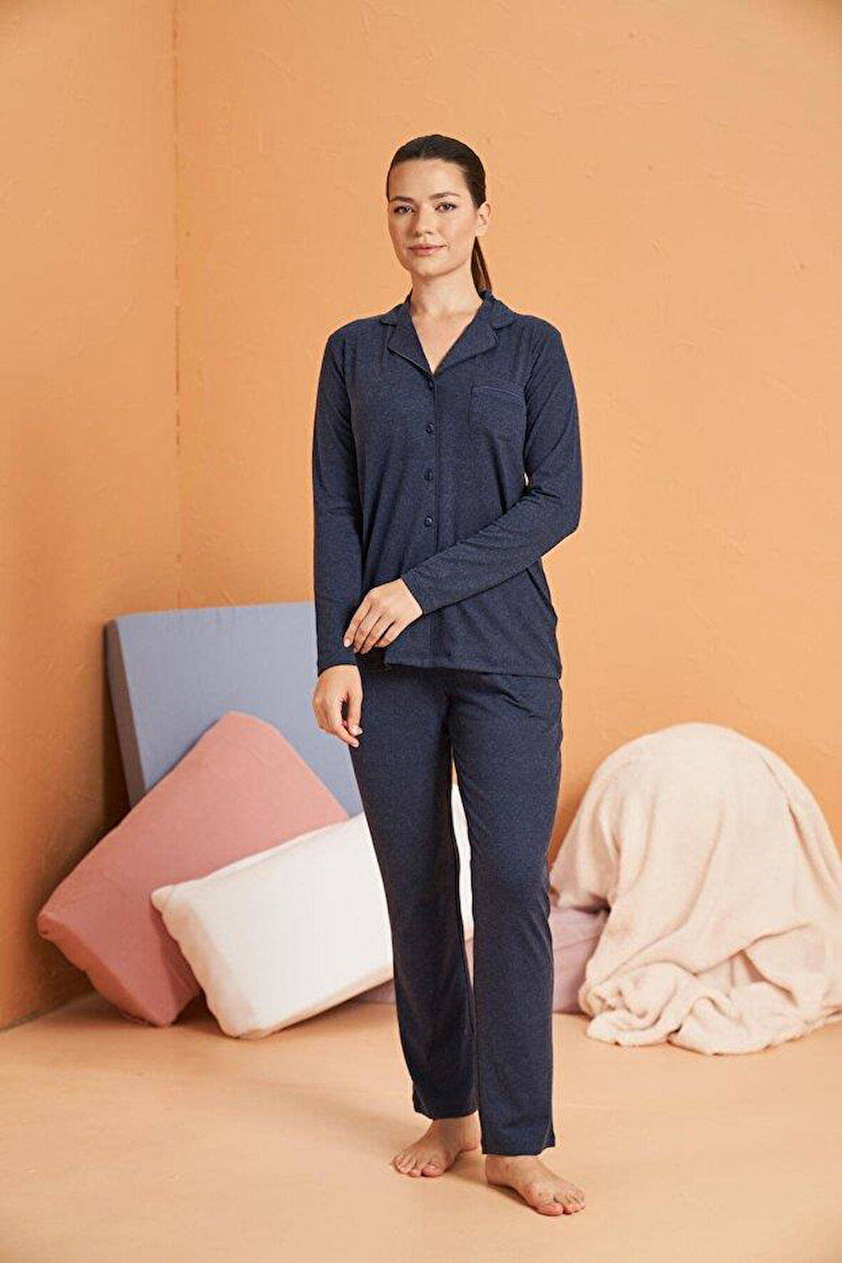 PJS Kadın Lacivert Uzun Kollu Pijama Takımı 28090 