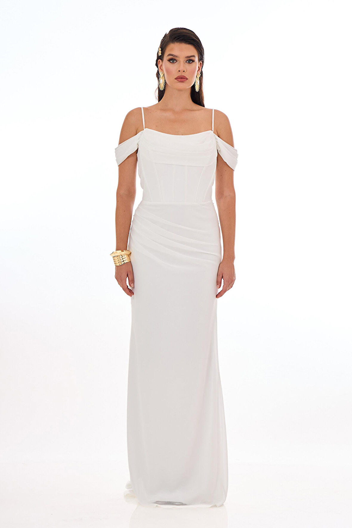 Carmen Kadın Askılı Uzun Şifon Abiye Elbise 58464 Ekru