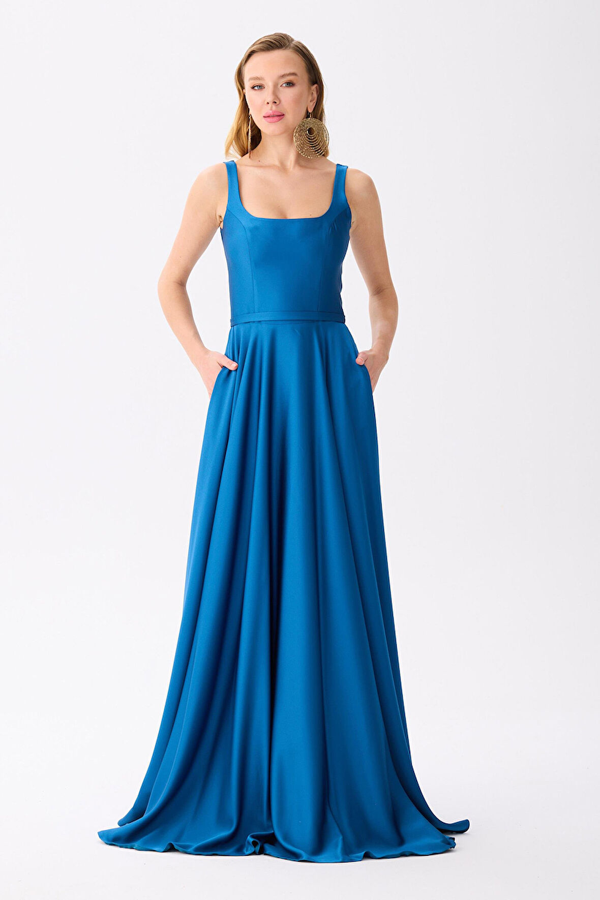 Carmen Kadın Kare Yaka Saten Abiye Elbise 58506 Petrol