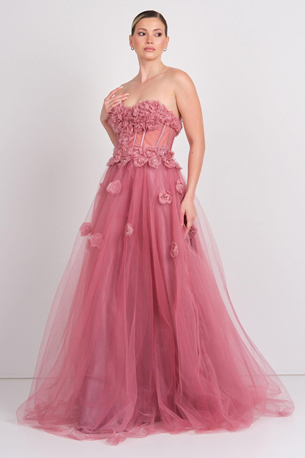 Carmen Kadın Straplez Korsajlı Eteği Tül Maxi Abiye Elbise 8451 Lavanta