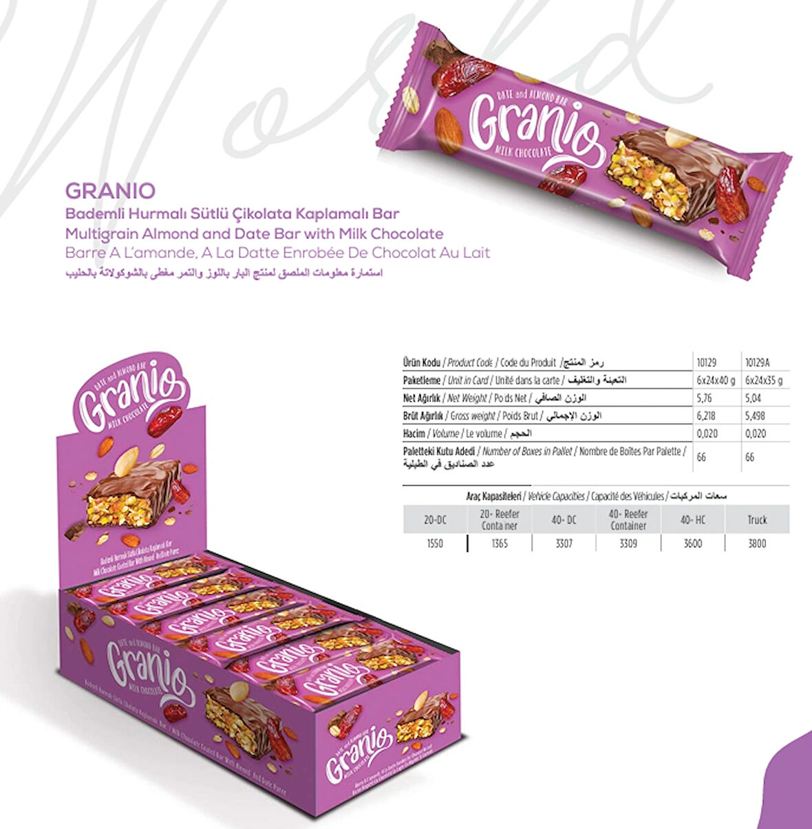 GRANİO Bademli Hurmalı Sütlü Çikolata Kaplı Bar 40 gr X 24 Adet