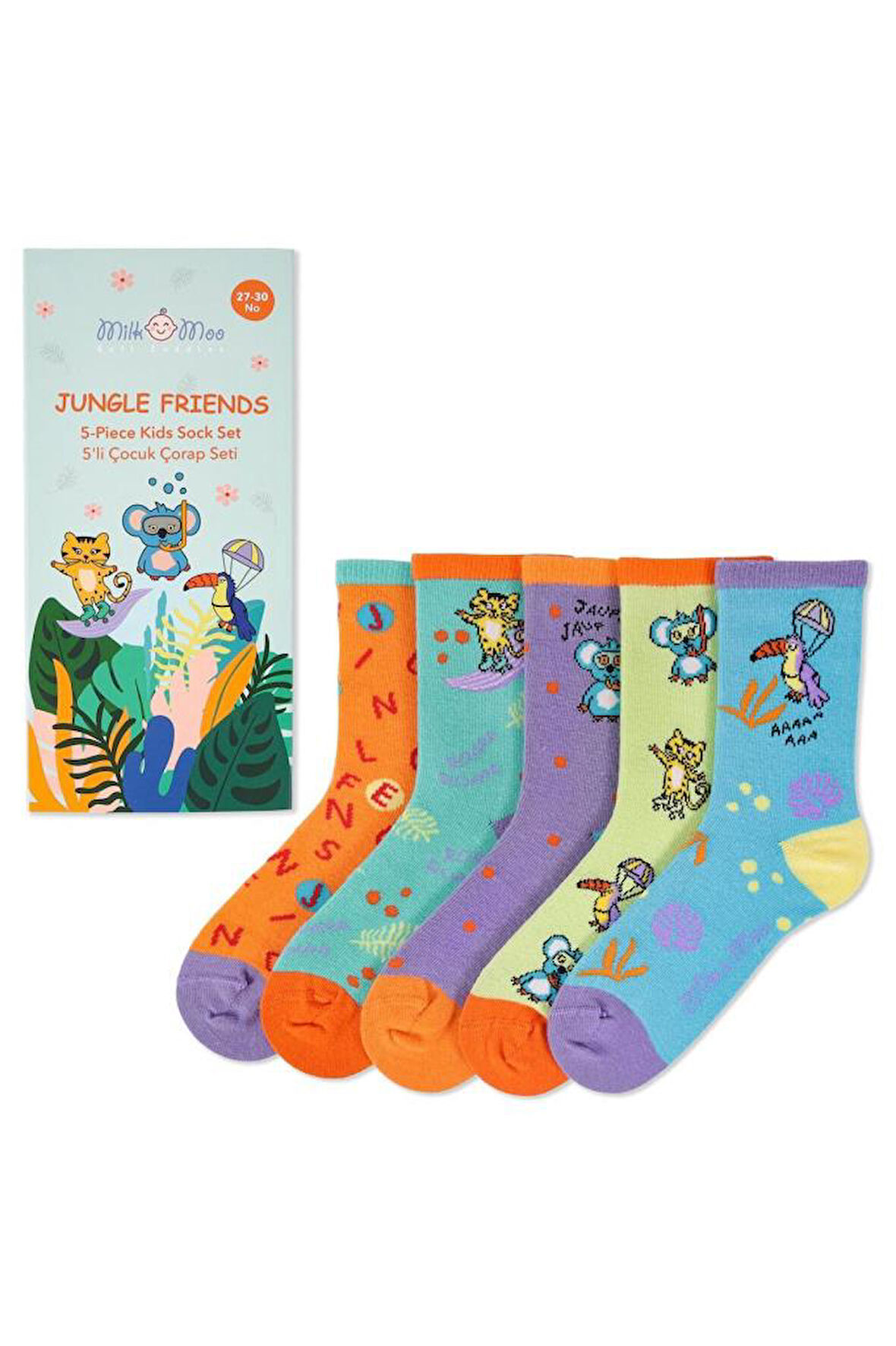 Milk&Moo Jungle Friends Çocuk Çorap Seti 5'li, Beden 27-30, Yumuşak ve Dayanıklı Kumaş