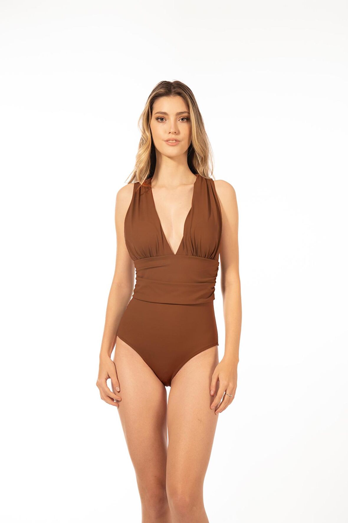 Estiva Kadın Dekolteli Kemer Detaylı Arkası Çapraz Askılı Mayo - Kahve