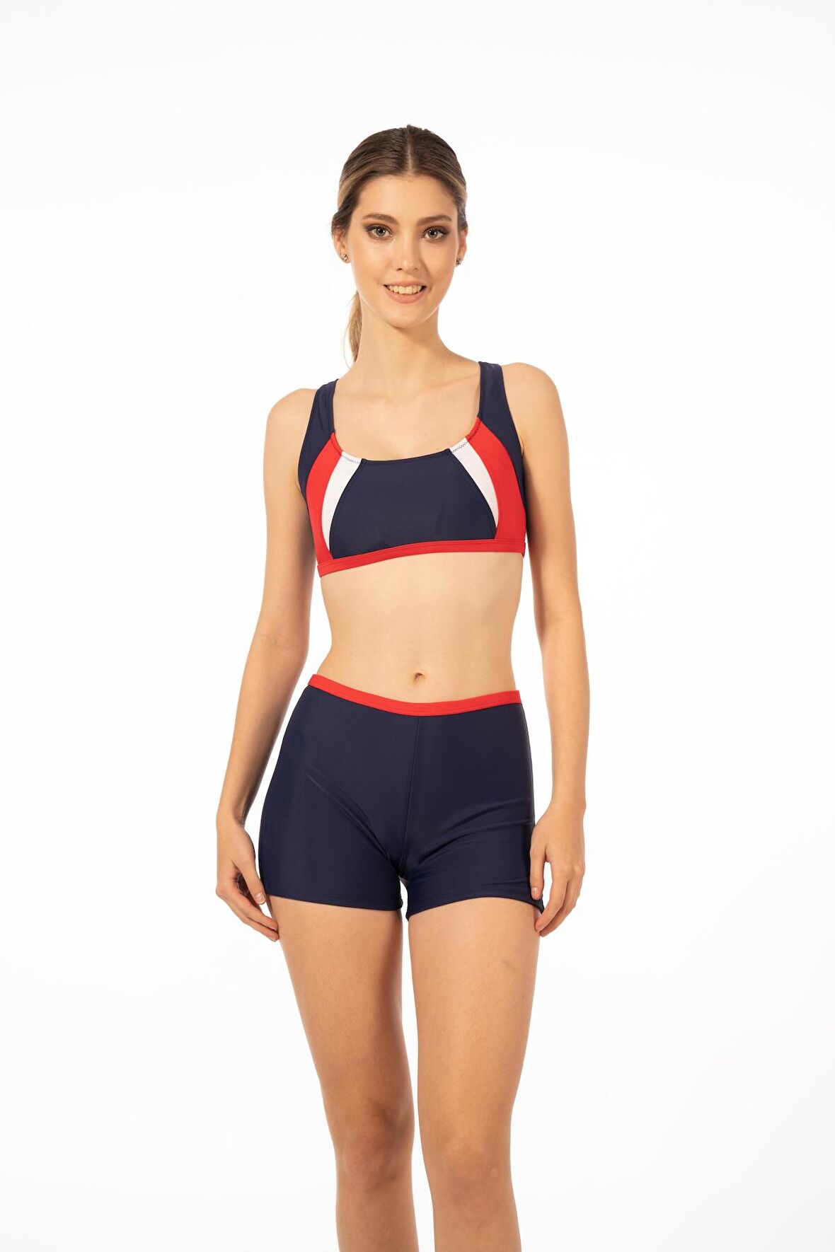 Estiva Kadın Şortlu Yüzücü Bikini Takımı - Kırmızı Lacivert