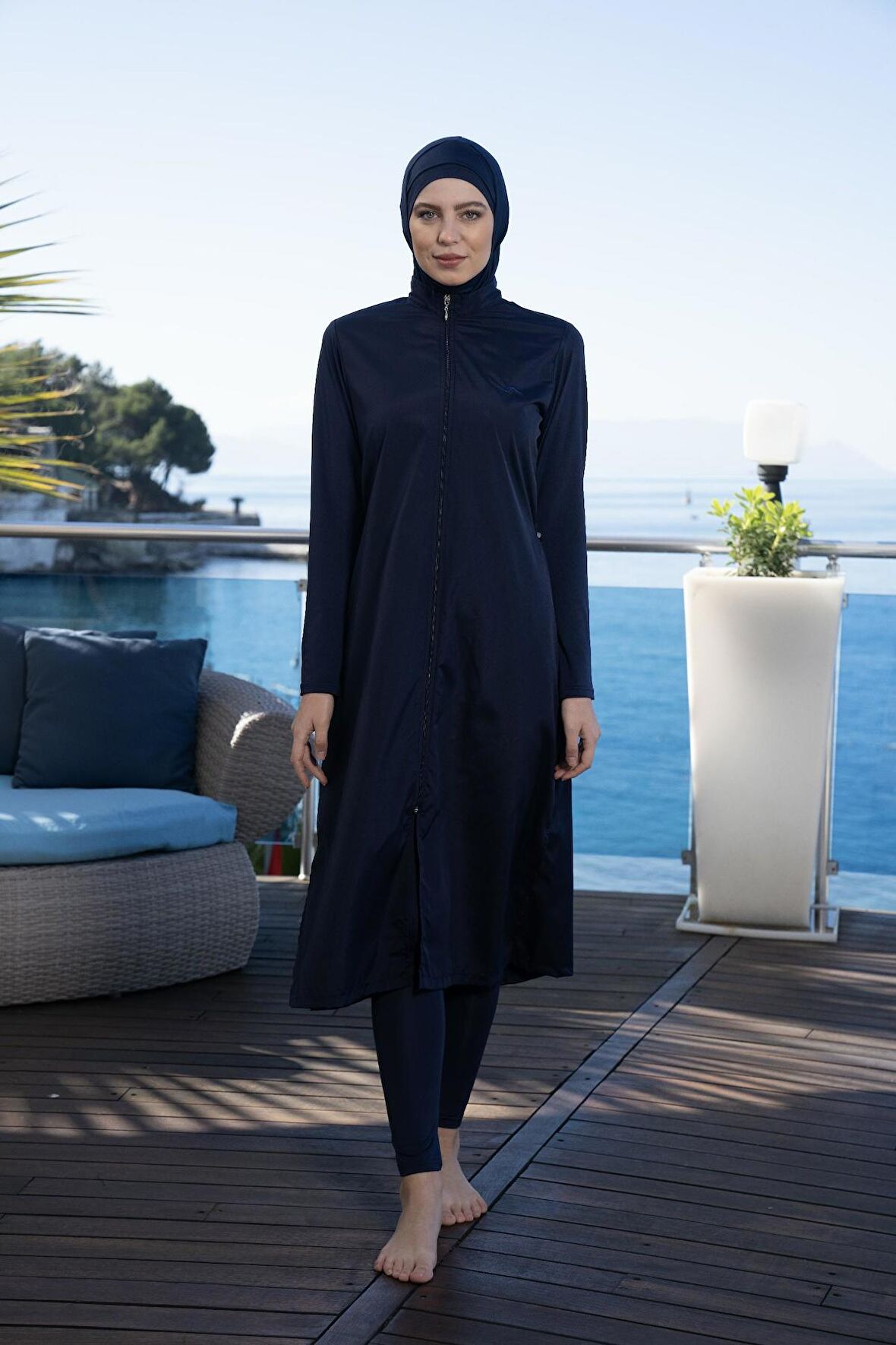 Estiva Kadın Tam Kapalı Uzun Fermuarlı Düz Tesettür Mayo