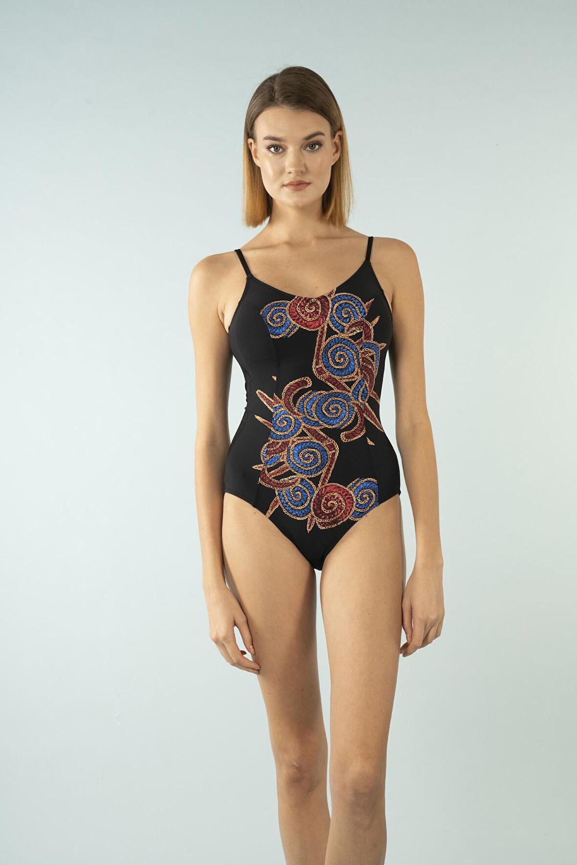 Estiva Desenli İnce Askılı V Yaka Mayo - Siyah