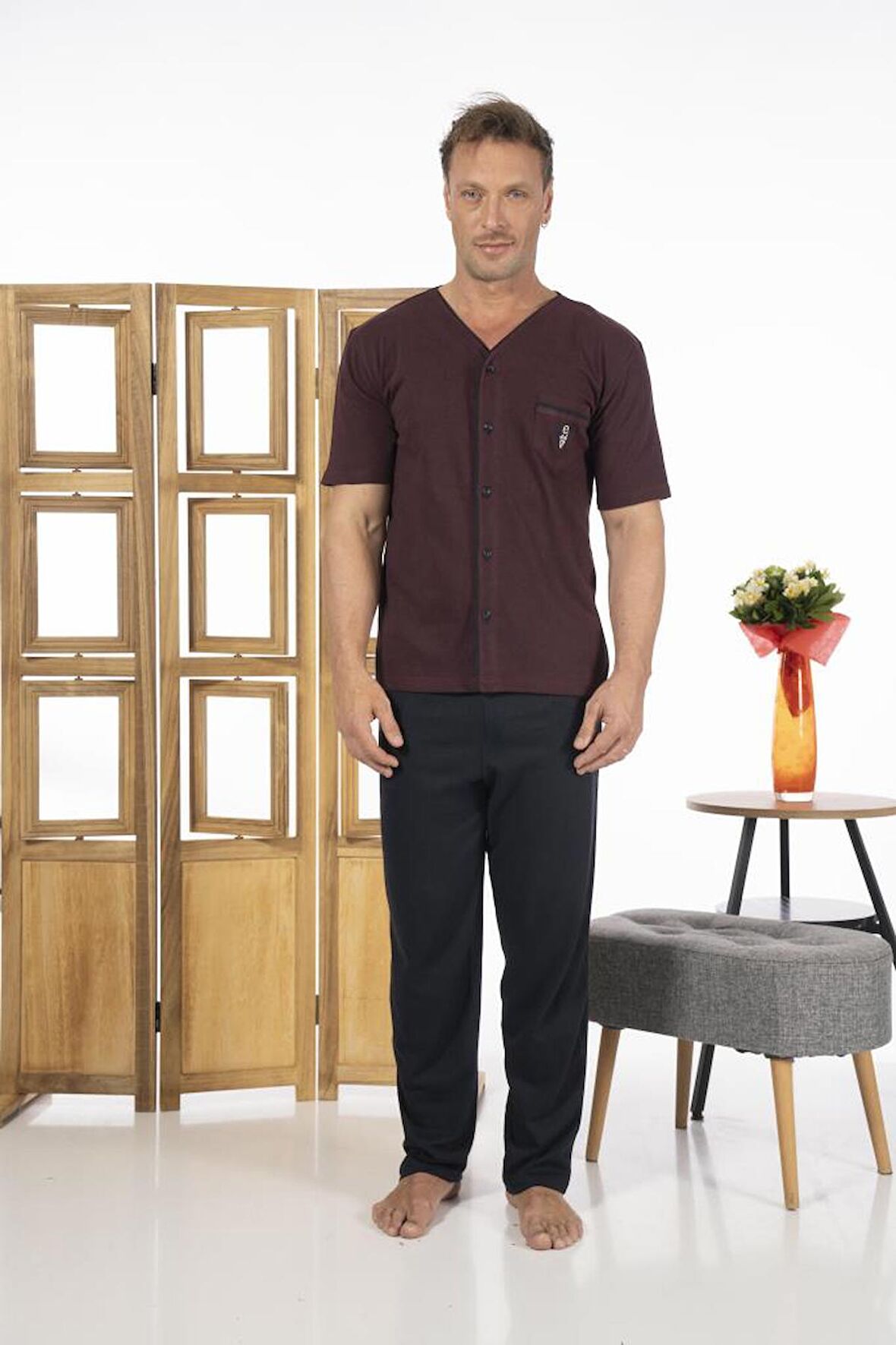 Estiva Erkek Önden Düğmeli Kısa Kollu Cepli Yazlık Penye Pijama Takımı