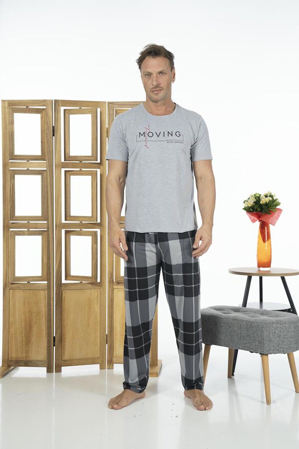 Estiva Erkek Uzun Kollu Kareli Yazlık Penye Pijama Takımı