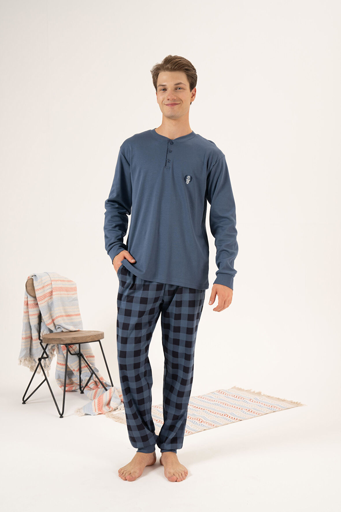 Erkek Kışlık Düğmeli Yaka Kareli Alt Süper Soft İnterlok Pijama Takımı İndigo