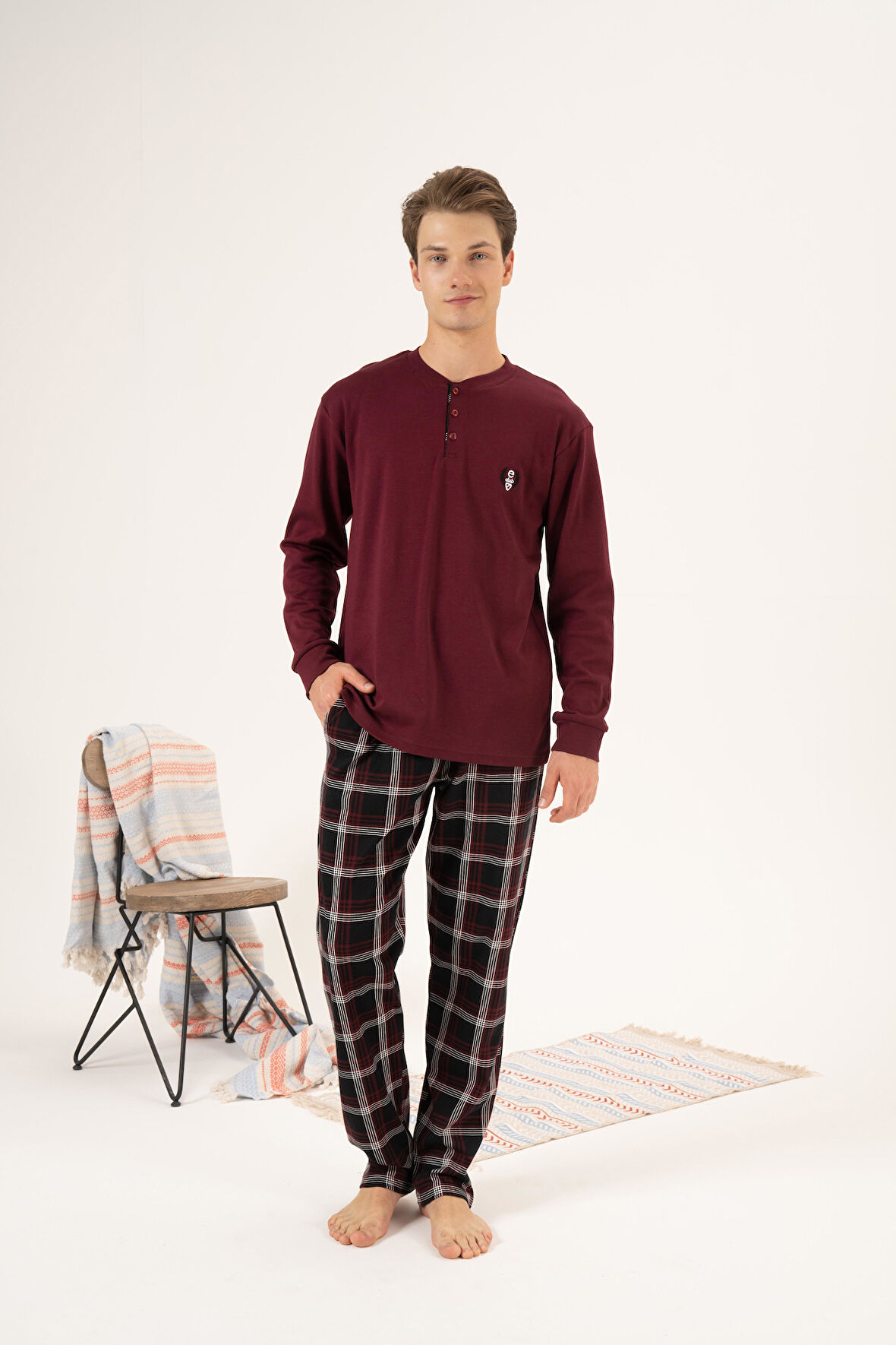 Erkek Kışlık Düğmeli Yaka Kareli Alt Süper Soft İnterlok Pijama Takımı Bordo