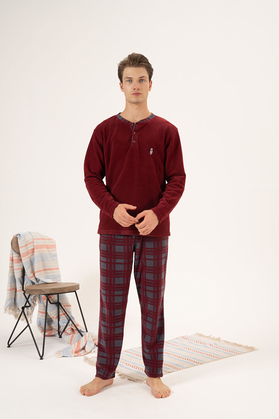 Erkek Kışlık Düğmeli Yaka Kareli Alt Polar Pijama Takımı