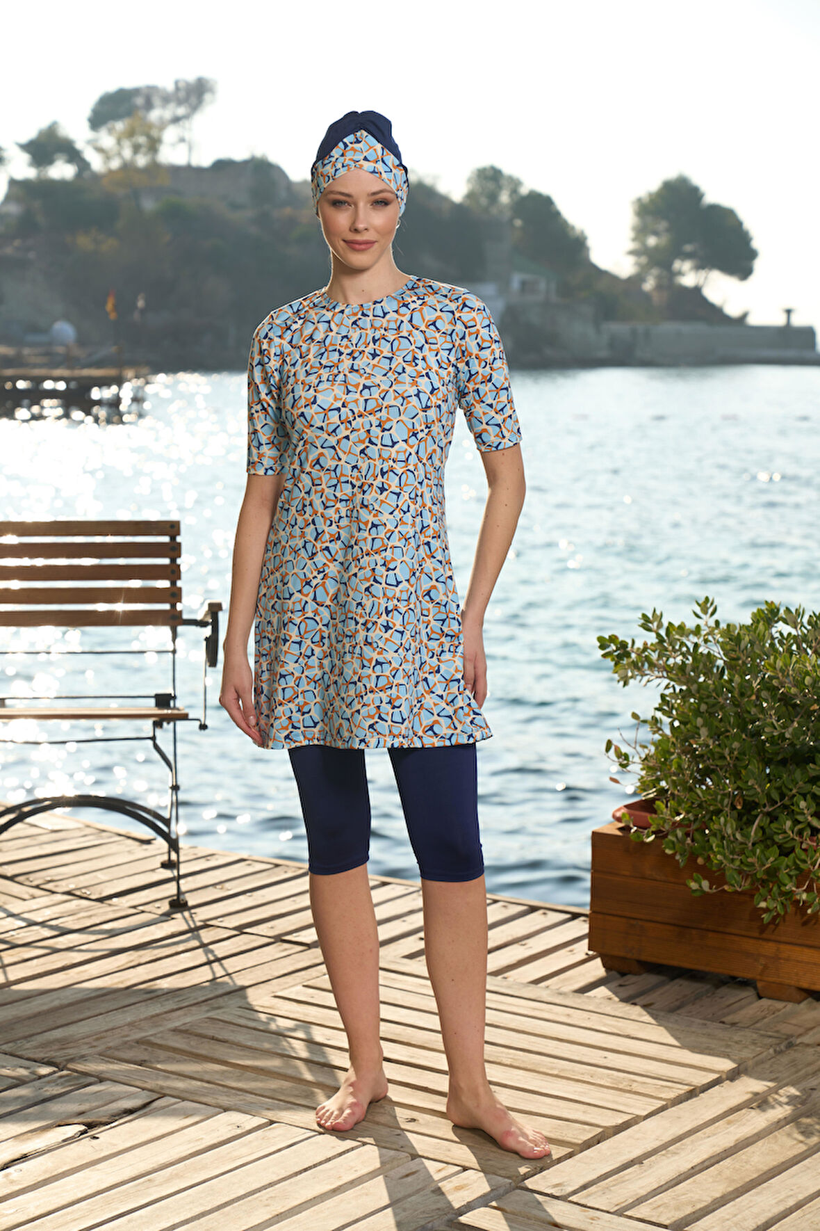 Estiva Kadın Boneli Yarım Kol Dijital Desenli Taytlı Mayo Lacivert