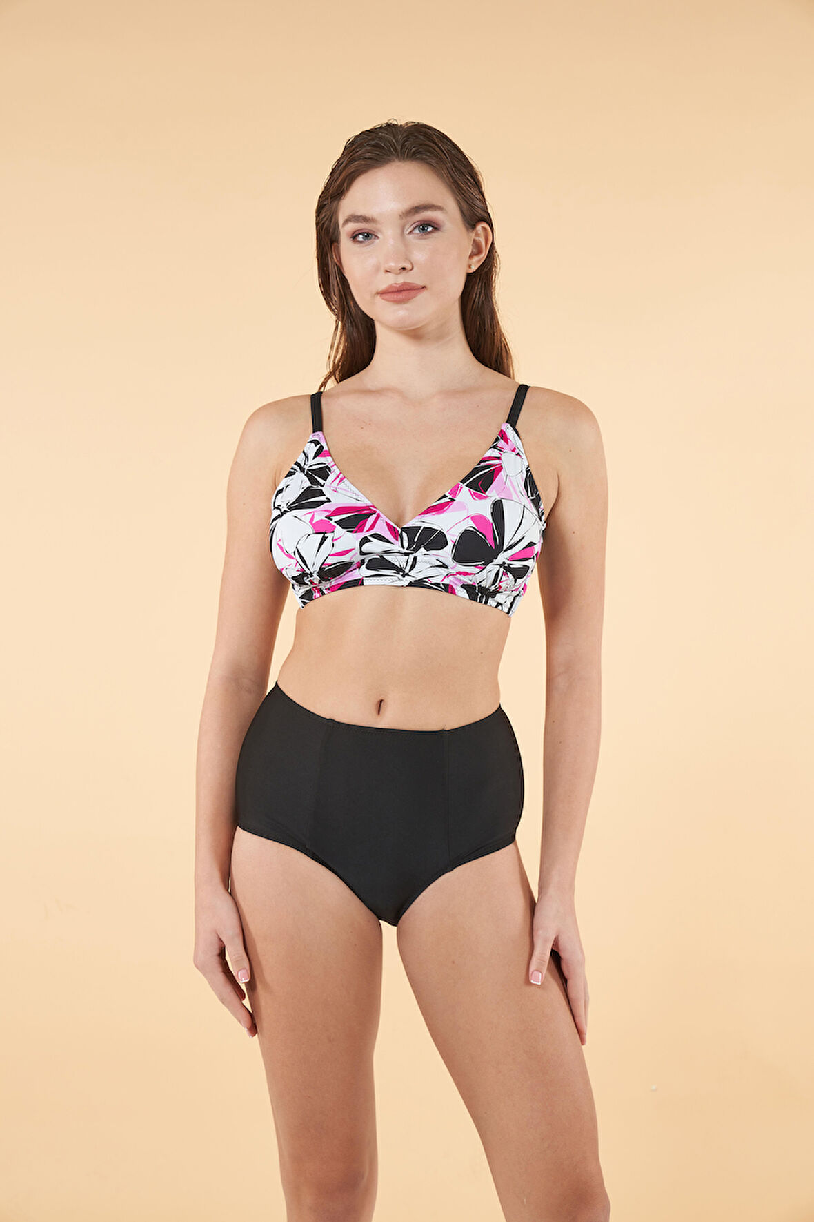 Estiva Yüksek Bel Kruvaze Çiçek Desenli Bikini Takımı - Siyah