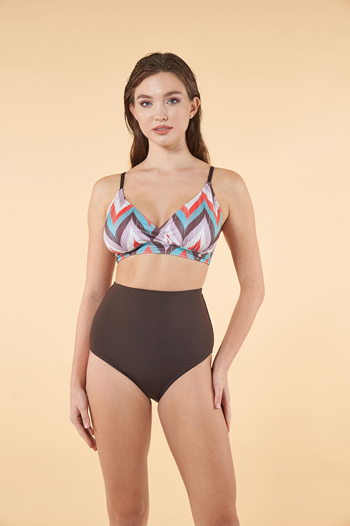 Estiva Yüksek Bel Kruvaze Çizgi Desenli Bikini Takımı - Kahverengi