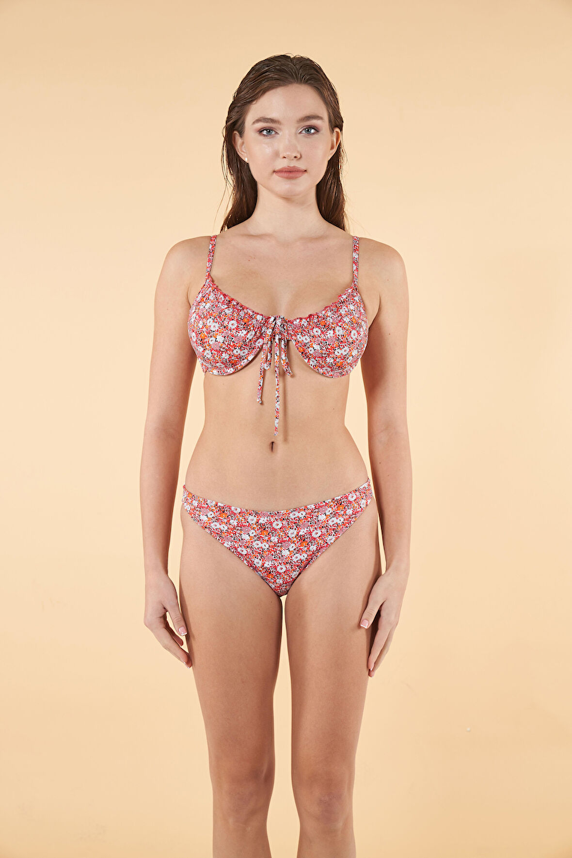 Estiva Çiçek Desenli Büzgülü Balenli Bikini Takımı - Pembe