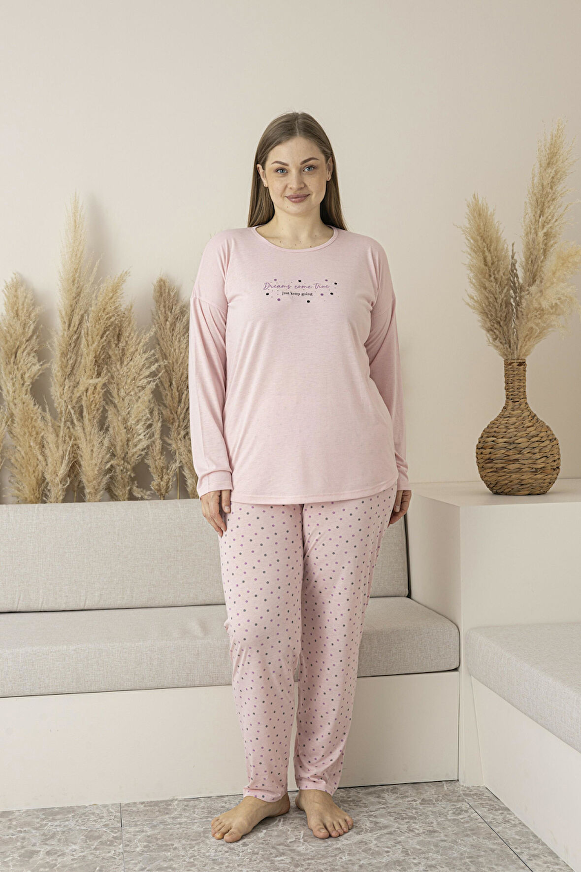 Kadın Yazlık Puantiyeli Uzun Kollu Viskon Battal Pijama Takımı