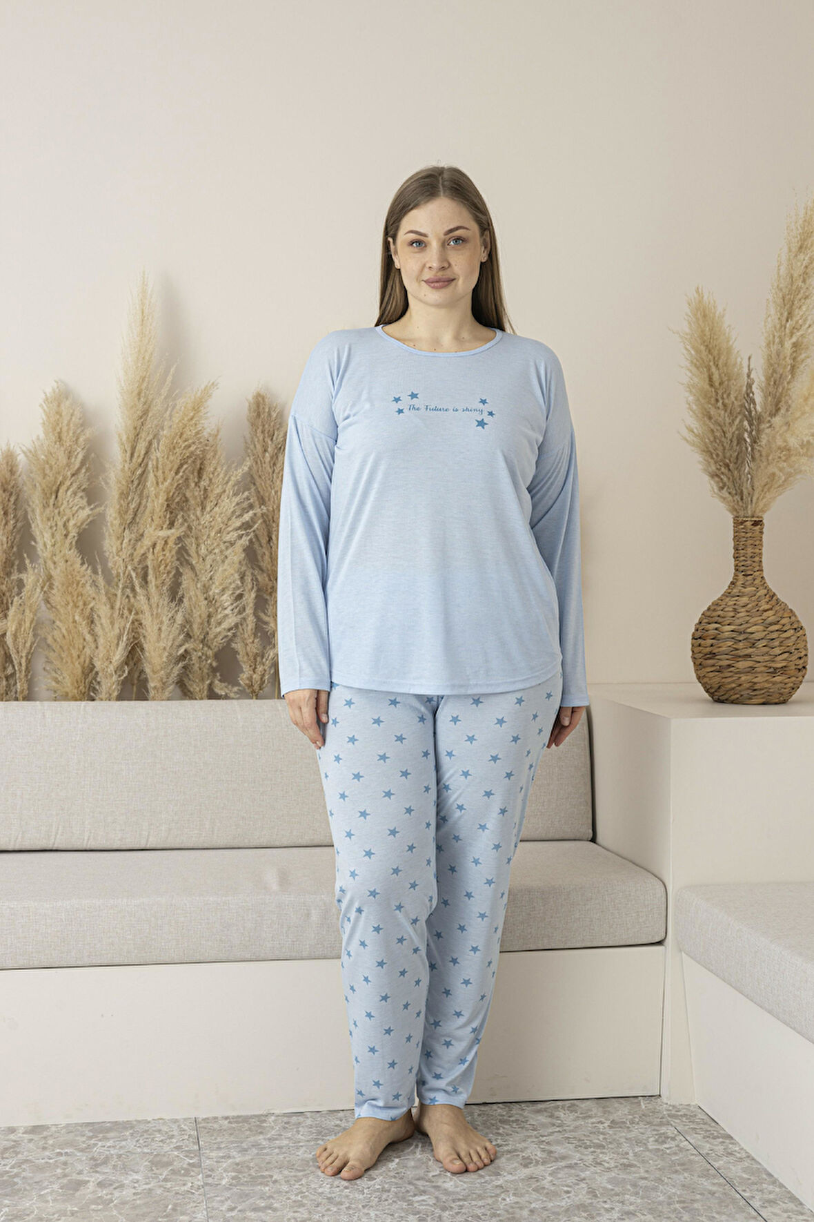 Kadın Yazlık Yıldız Desenli Uzun Kollu Viskon Battal Pijama Takımı