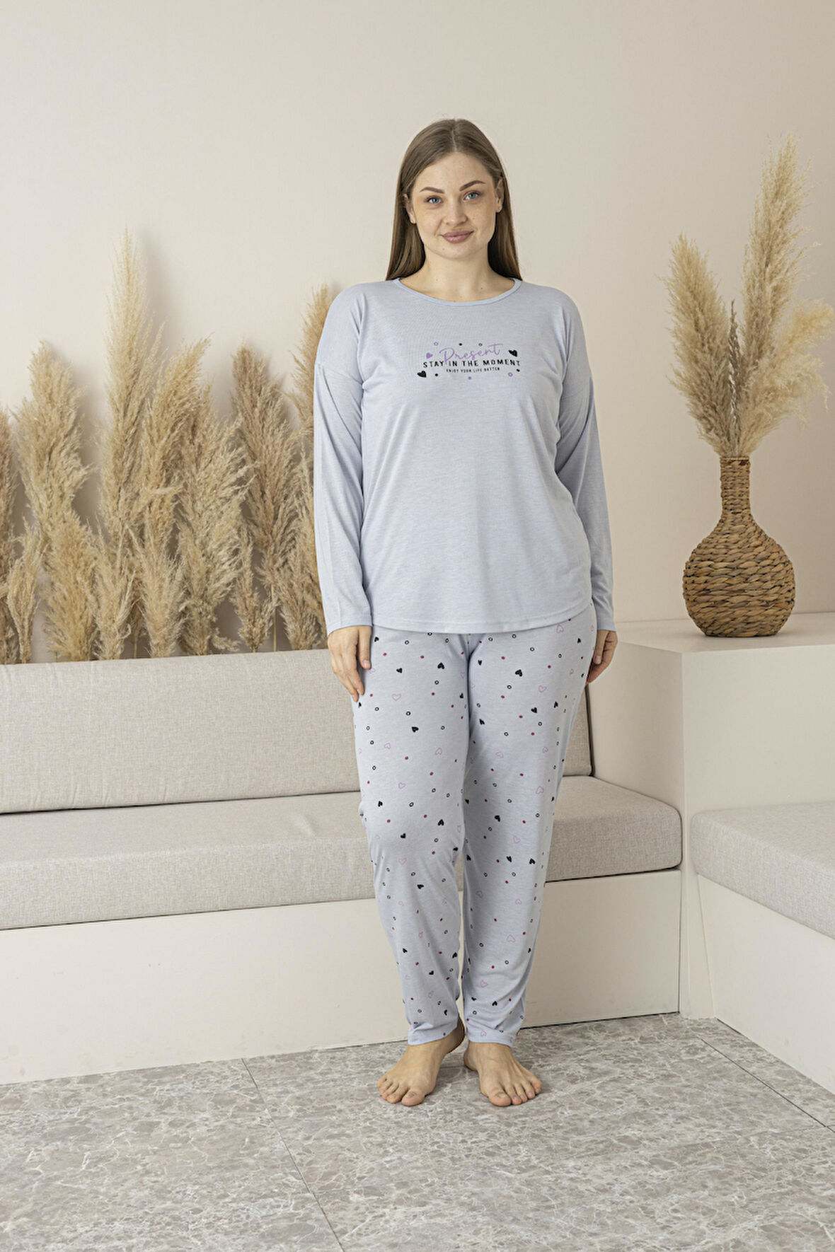 Kadın Yazlık Kalp Desenli Uzun Kollu Viskon Battal Pijama Takımı