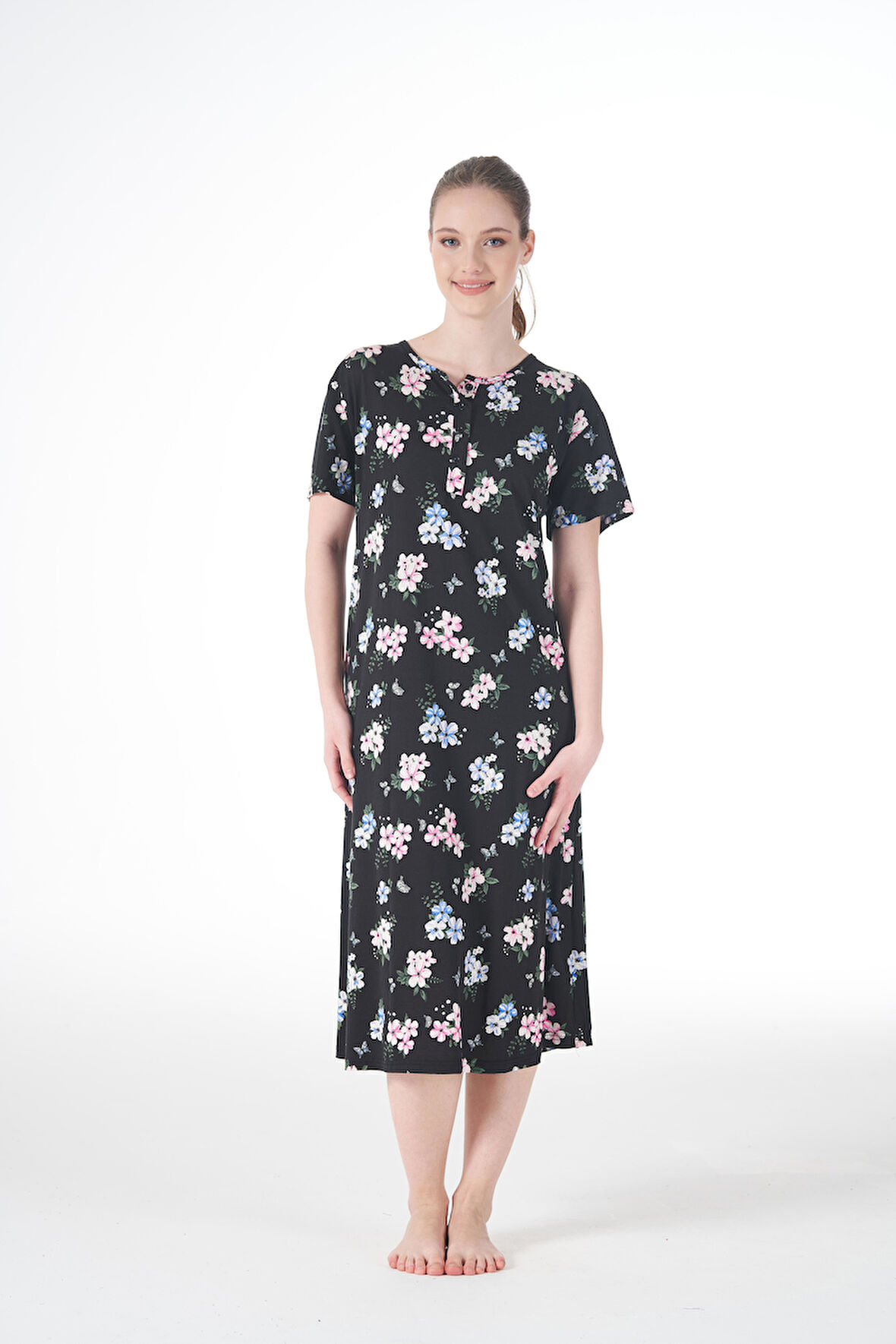 Kadın Yazlık Desenli Kısa Kollu Düğmeli Lycra Viskon Günlük Elbise