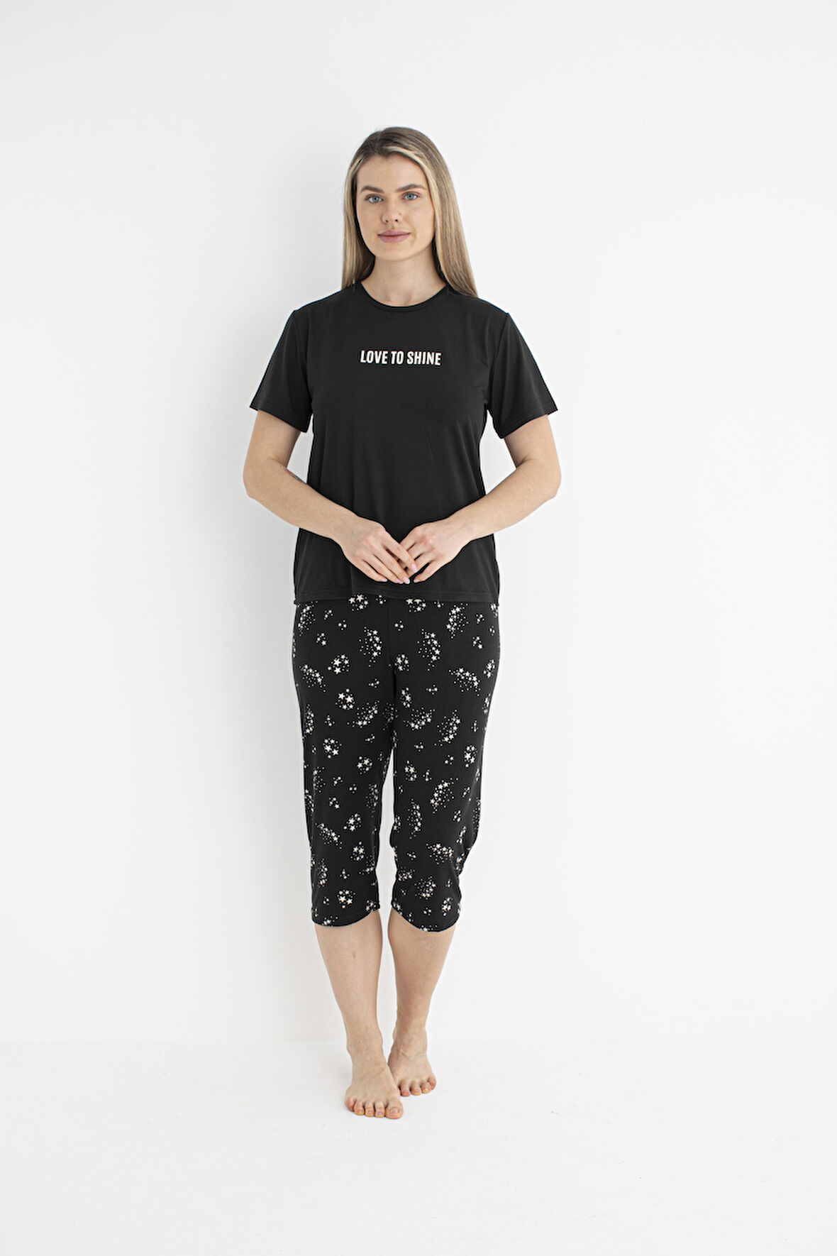 Kadın Yazlık Yıldız Desenli Kısa Kollu Kaprili Soft Pijama Takımı - Siyah