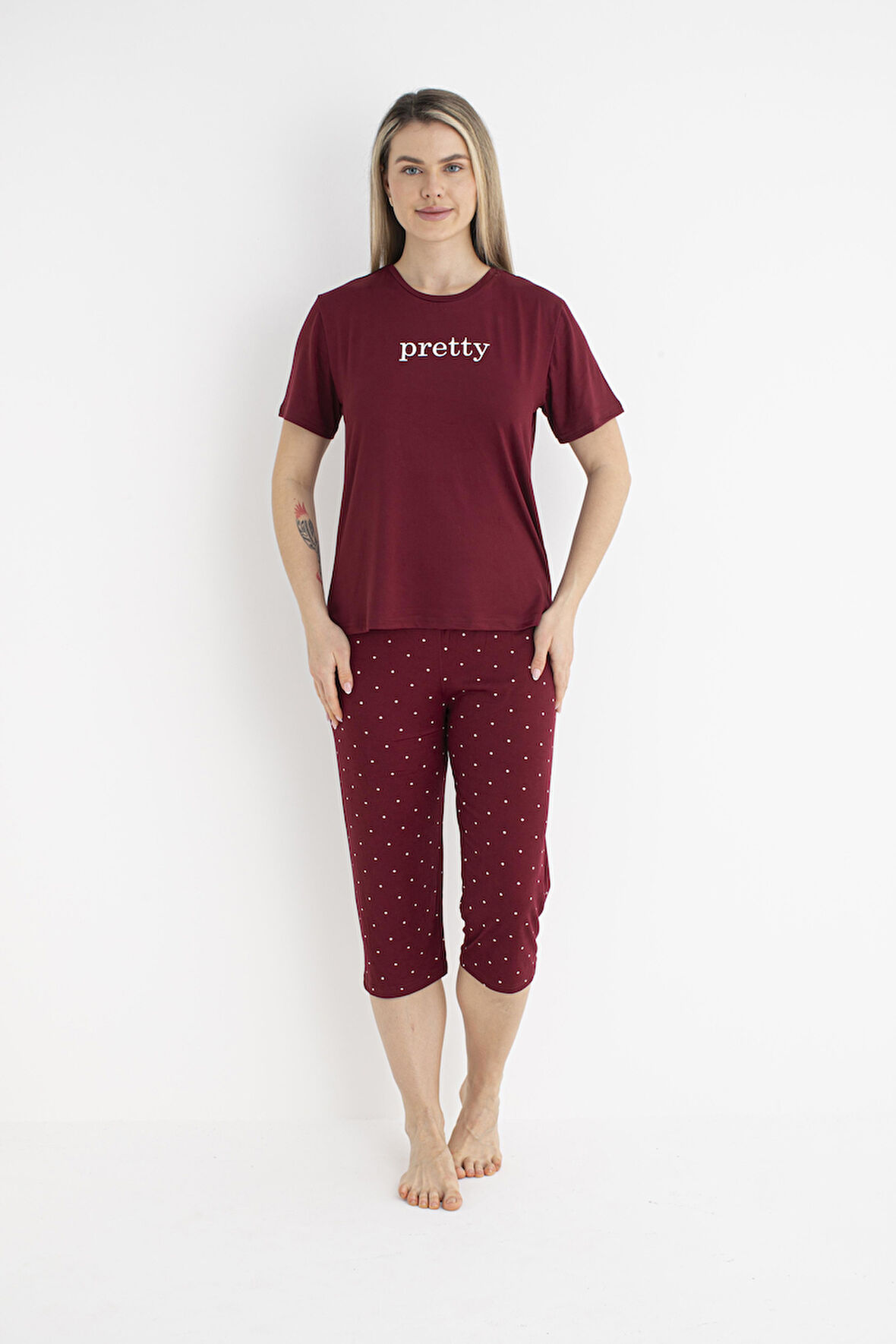 Kadın Yazlık Puantiyeli Kısa Kollu Kaprili Soft Pijama Takımı - Bordo