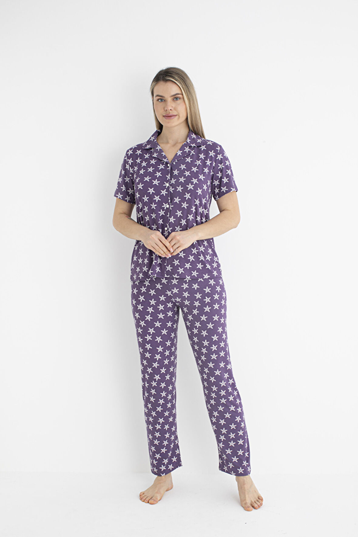 Kadın Yazlık Yıldız Desenli Önden Düğmeli Kısa Kollu Soft Pijama Takımı - Lila