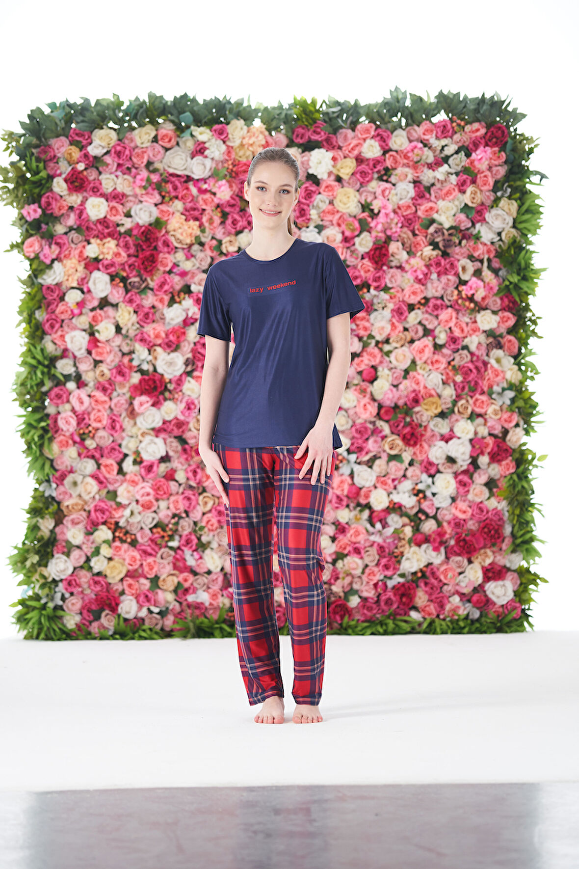 Kadın Yazlık Kareli Kısa Kollu Marla Pijama Takımı - Lacivert