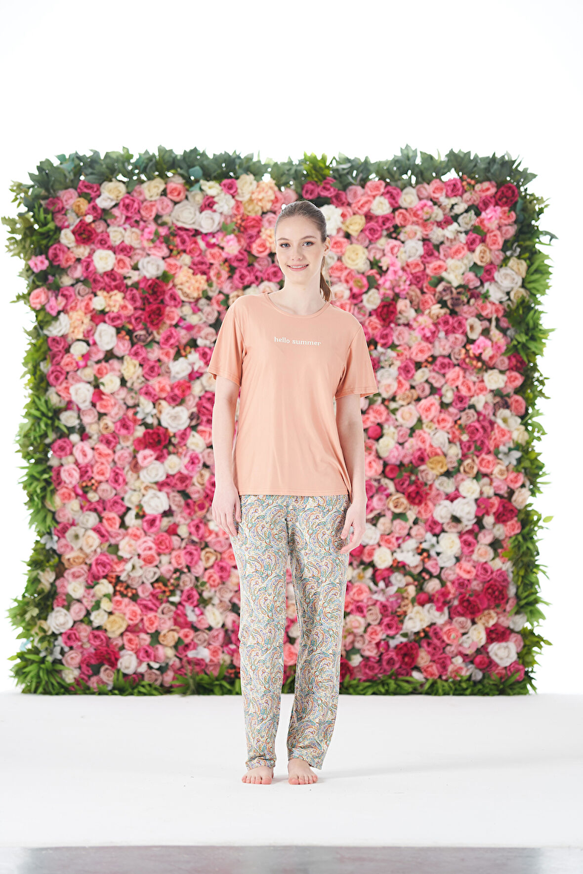 Kadın Yazlık Desenli Kısa Kollu Marla Pijama Takımı - Pudra