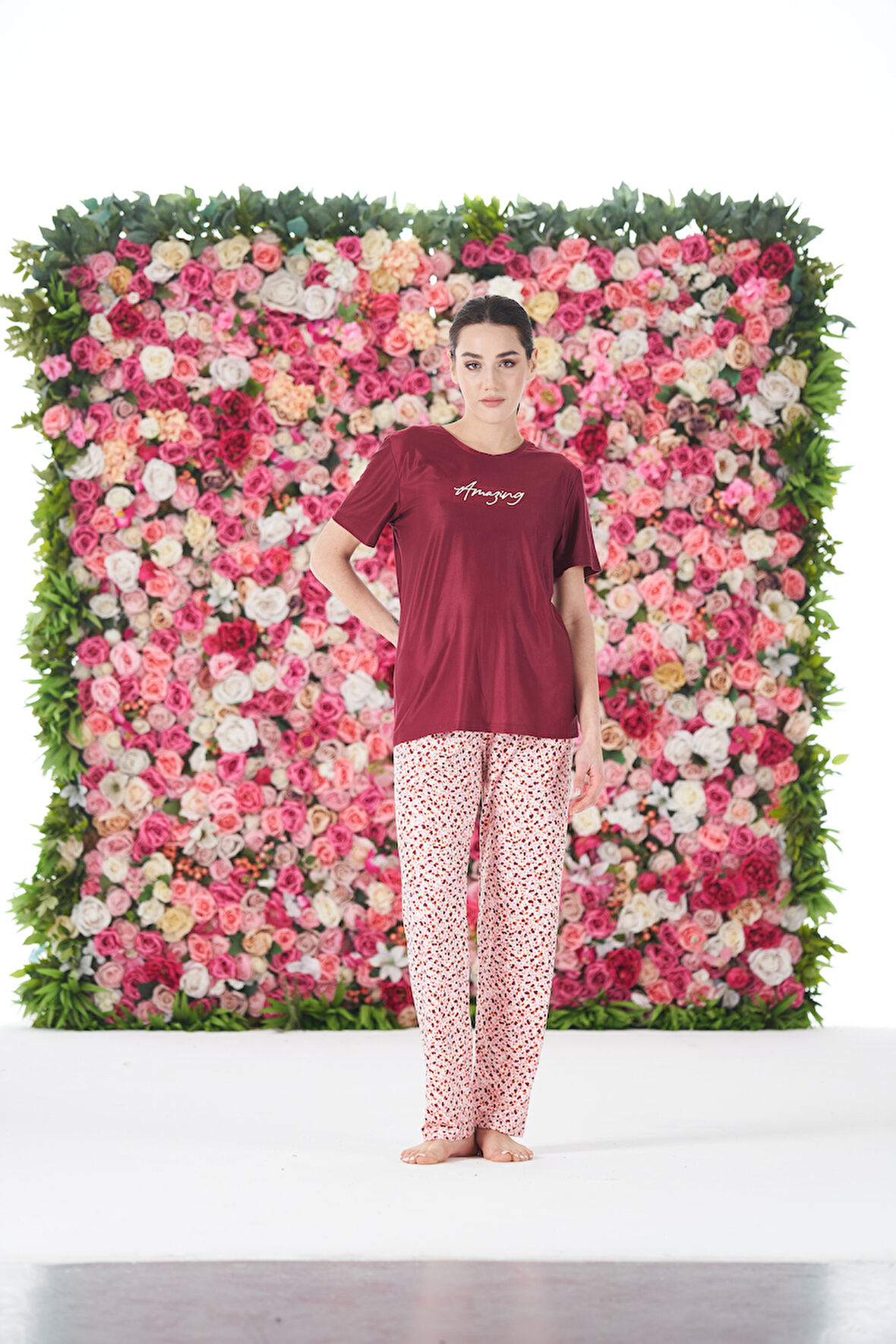 Kadın Yazlık Desenli Kısa Kollu Marla Pijama Takımı - Kırmızı