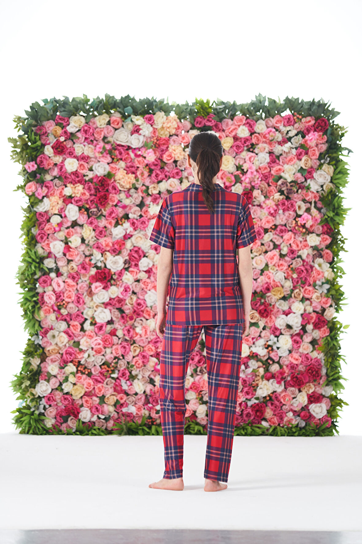 Kadın Yazlık Kareli Önden Düğmeli Kısa Kollu Marla Pijama Takımı - Kırmızı