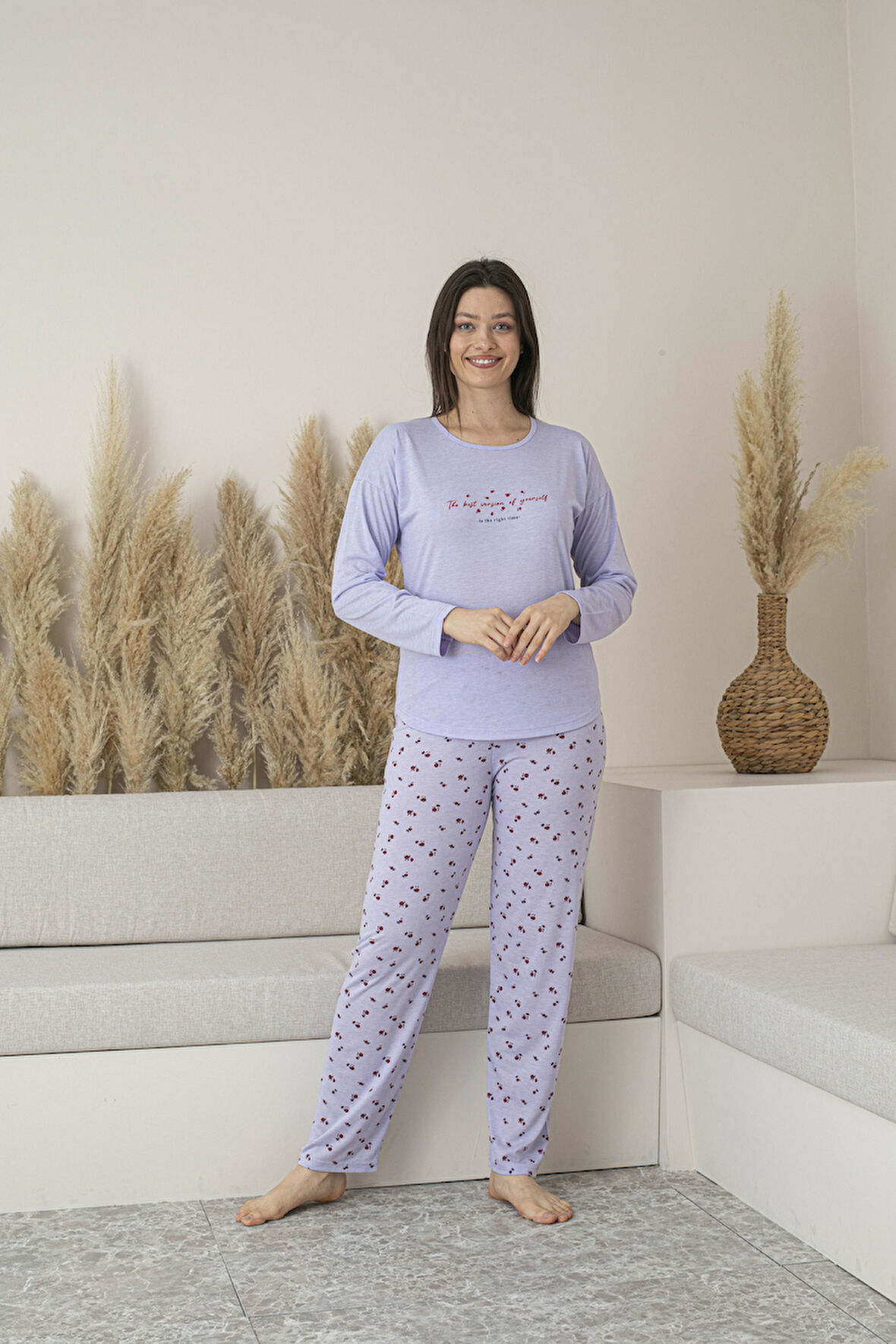 Kadın Yazlık Desenli Uzun Kollu Viskon Pijama Takımı
