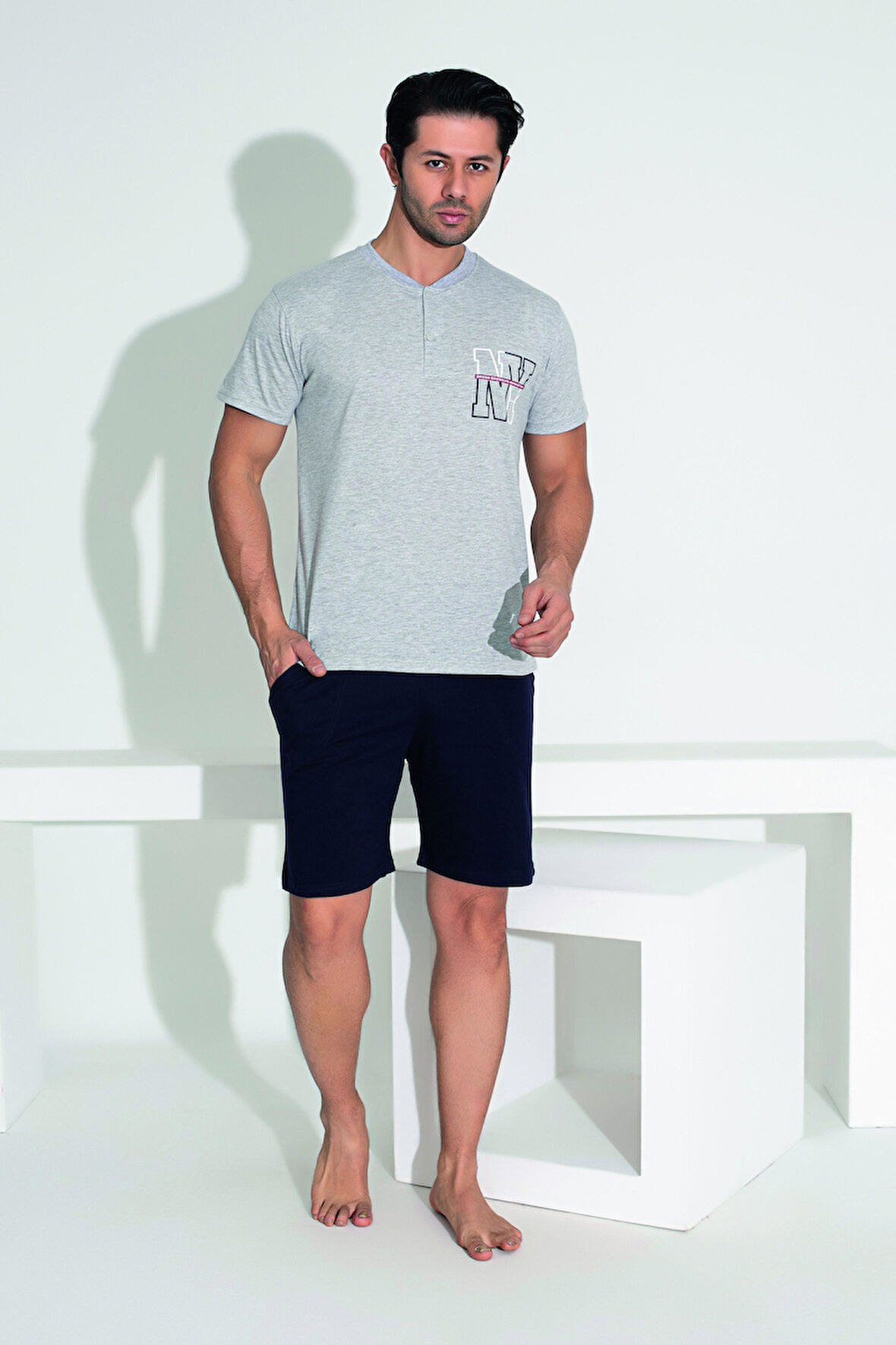 Erkek Yazlık NY Baskılı Kısa Kollu Düğmeli Şortlu Penye Pijama Takımı