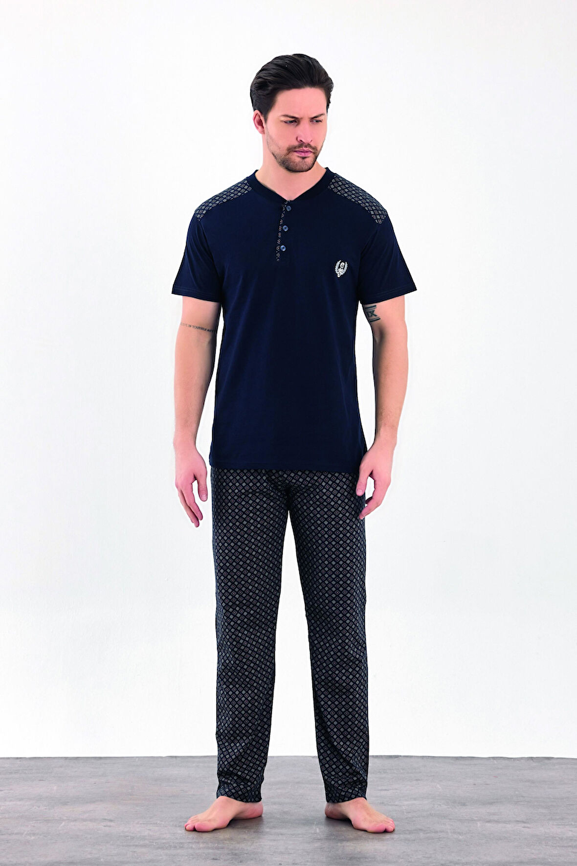 Erkek Yazlık Desenli Kısa Kollu Düğmeli Penye Pijama Takımı