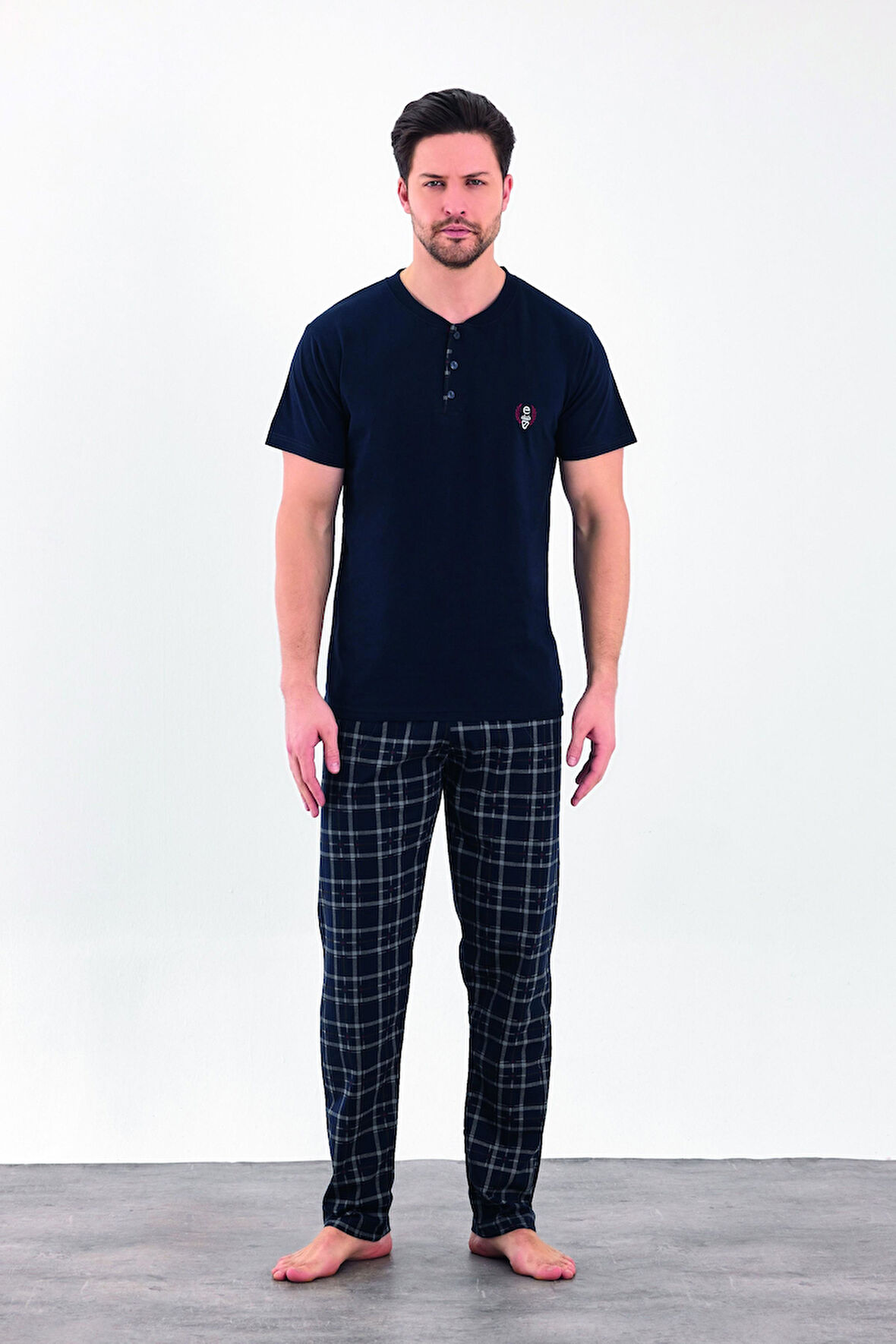 Erkek Yazlık Kareli Kısa Kollu Düğmeli Penye Pijama Takımı