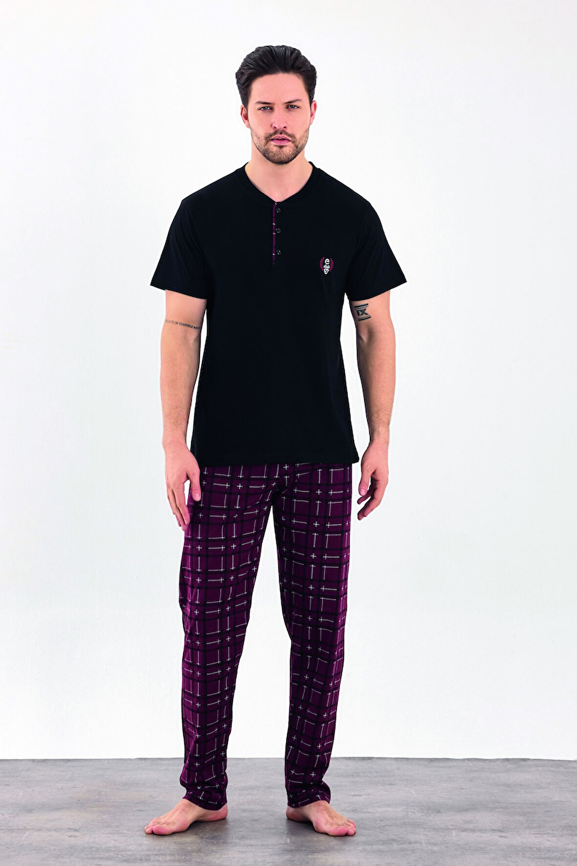 Erkek Yazlık Kareli Kısa Kollu Düğmeli Penye Pijama Takımı
