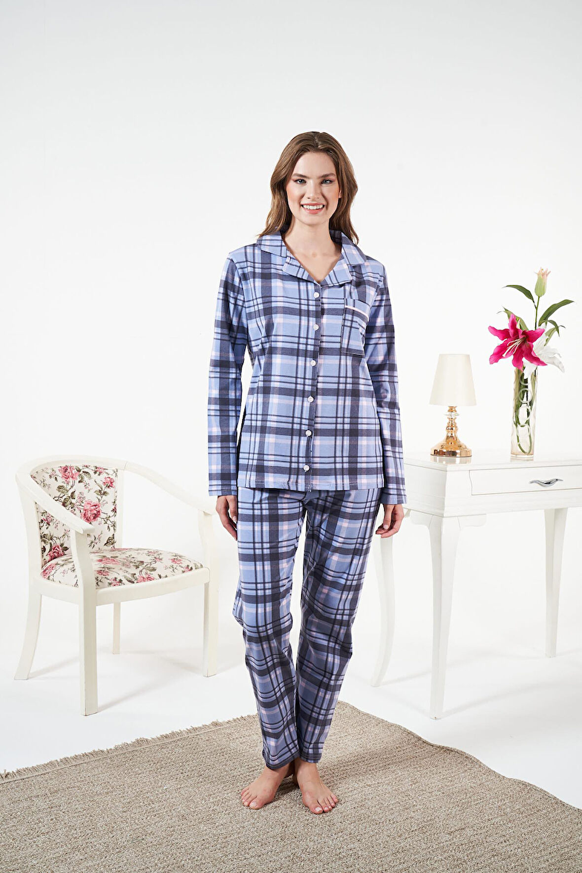 Kadın Kışlık Önden Düğmeli Kareli Penye Lycra Pijama Takımı Mavi